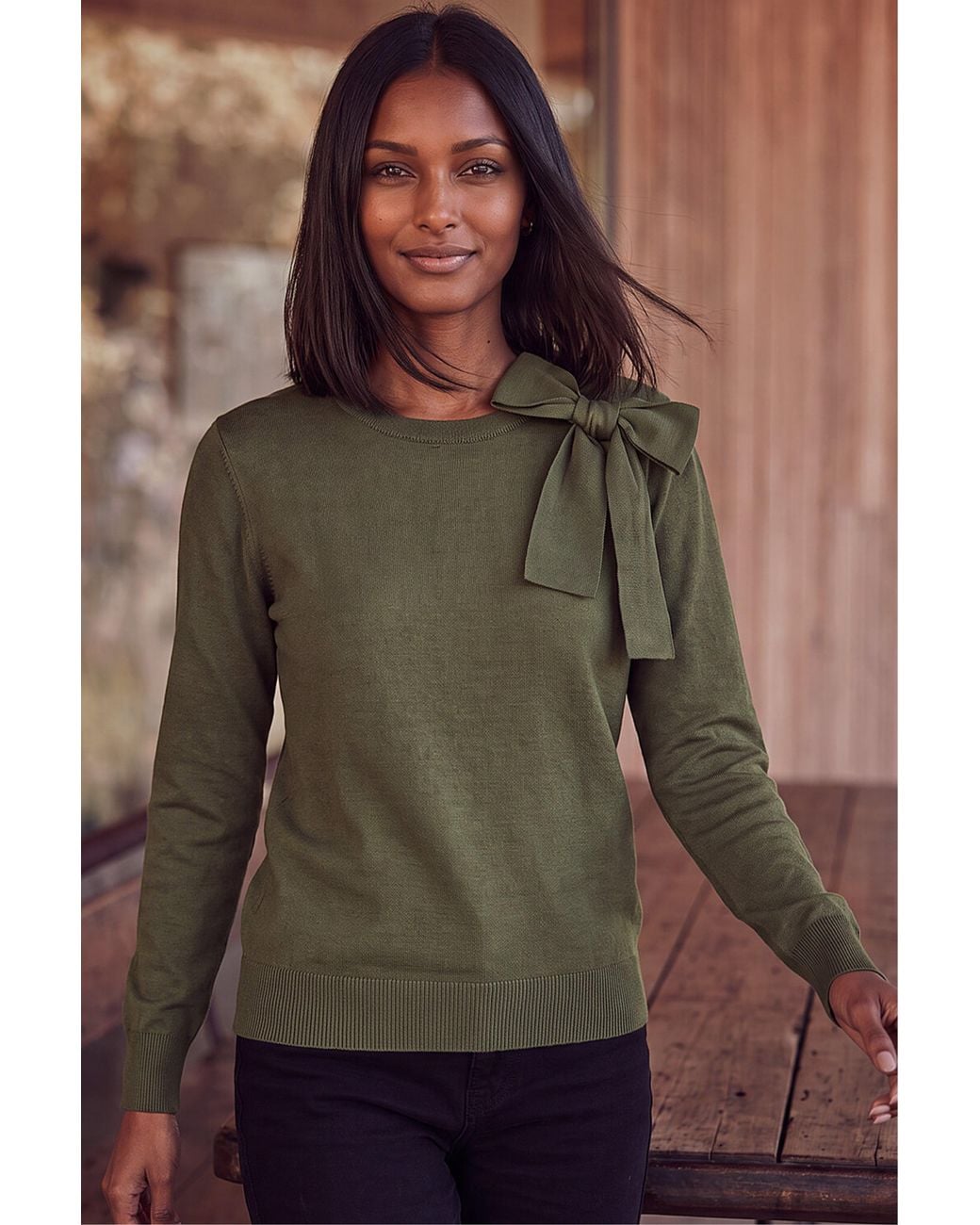 D.u.s.k Brown Bow Shoulder Knitted Jumper