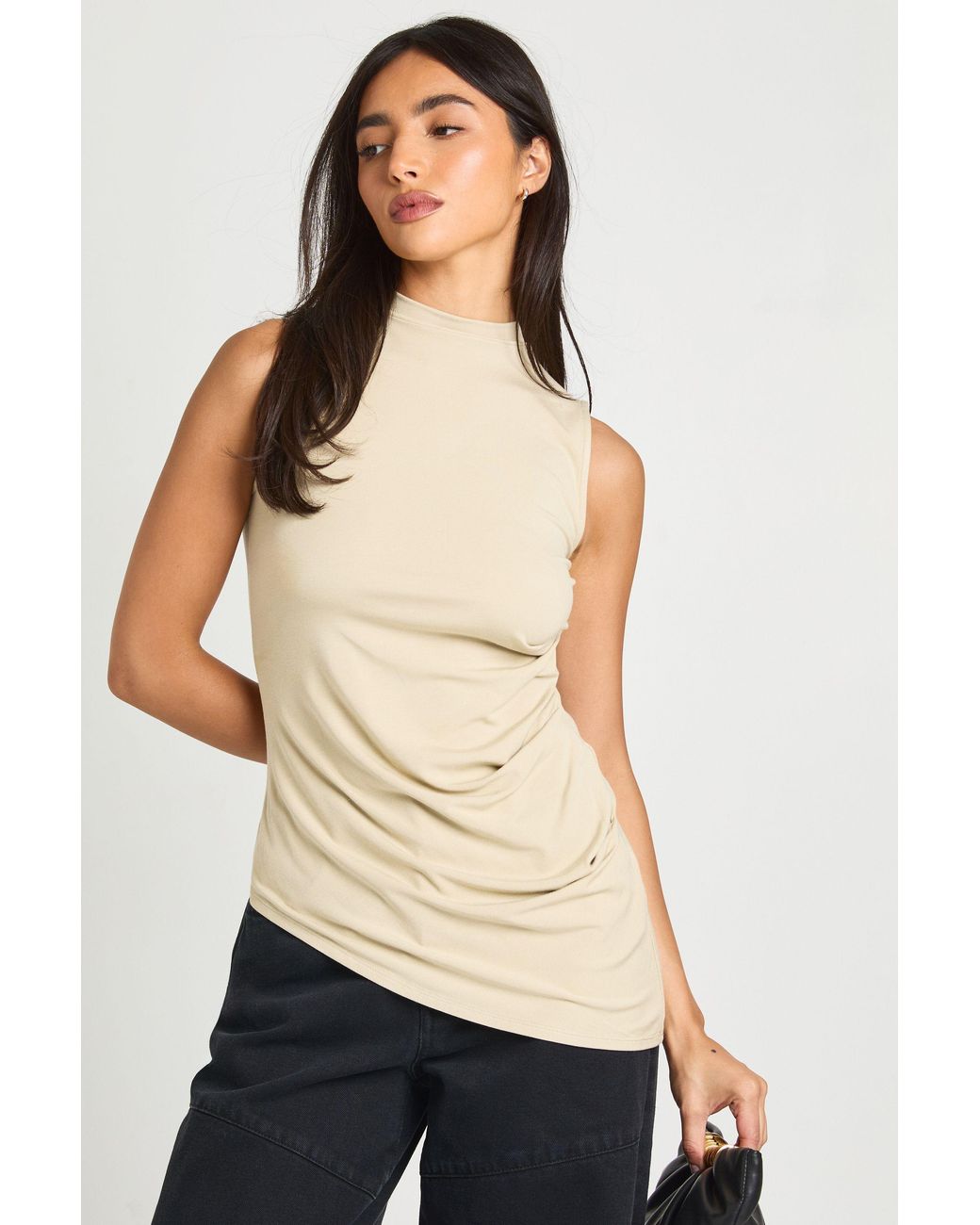 Boohoo Natural Super Soft Rib High Neck Ruched Asym Top