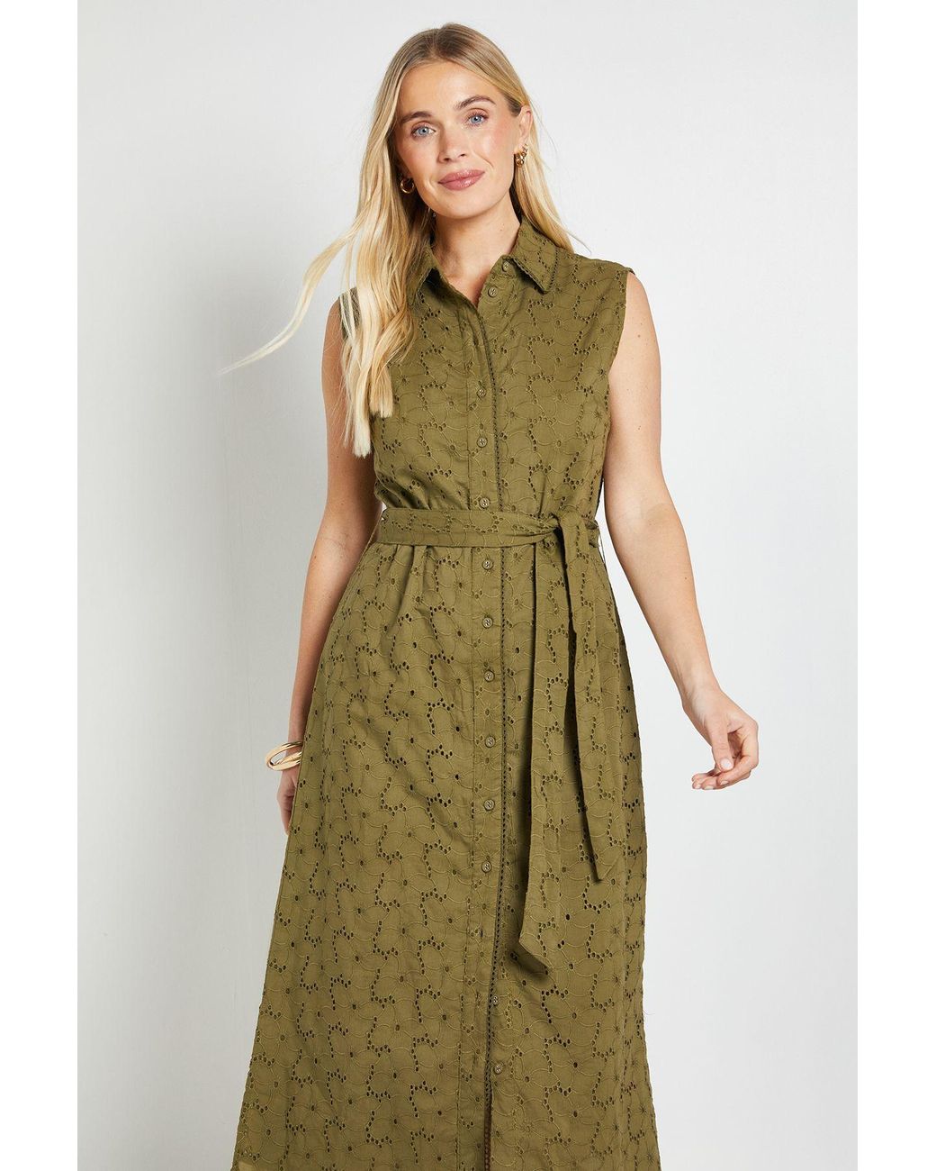 Wallis Green Petite Broderie Maxi Shirt Dress