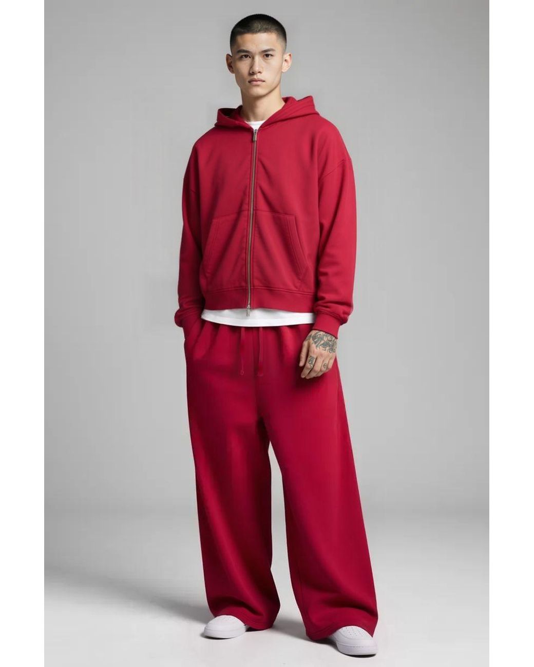 BoohooMAN Red Shrunken Fit Washed Loopback Dual Zip Hooded Tracksuit for men