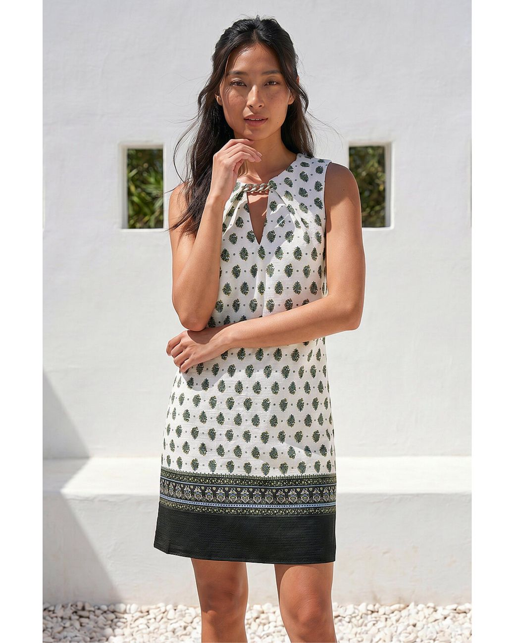 Roman White Petite Border Print Dress