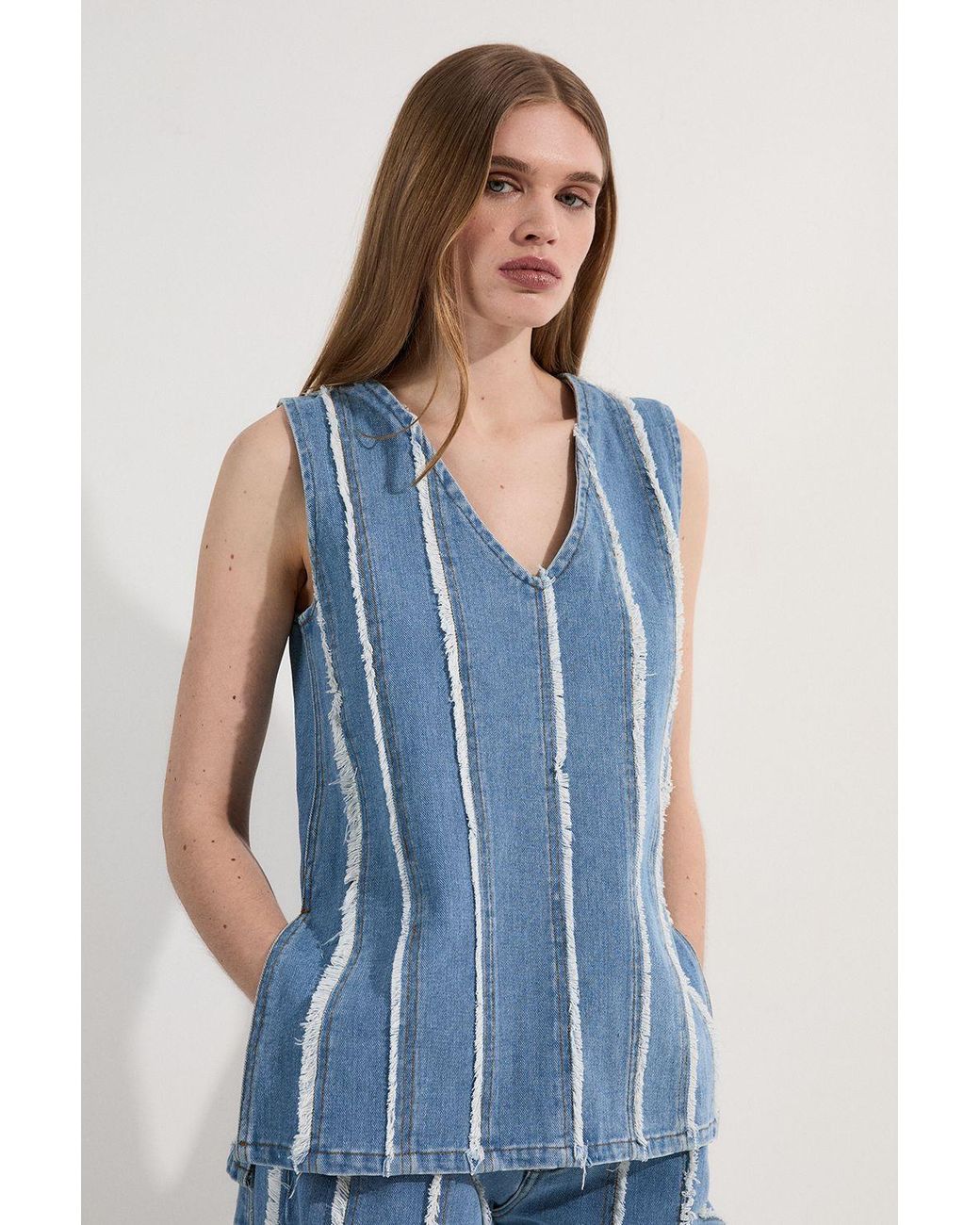 Karen Millen Blue Denim Tassel Detail Longline Top
