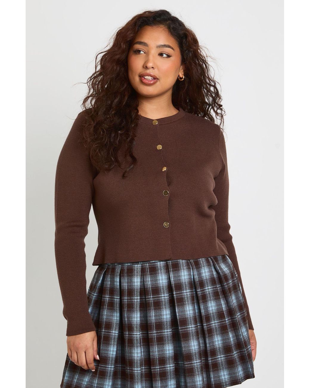 Boohoo Brown Plus Collared Stripe Crew Neck Cardigan