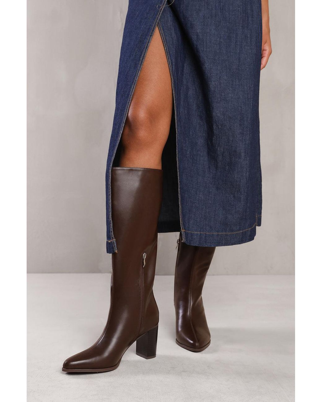 Where's That From Blue 'Delta' Block Heel Knee High Boots With Side Zip