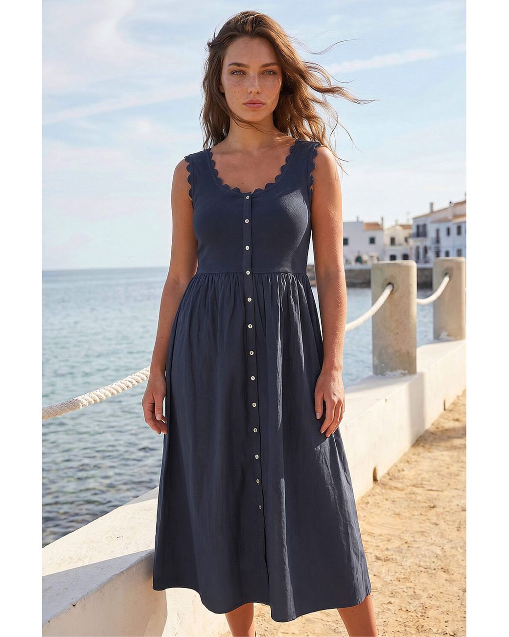 Roman Blue Petite Cotton Scallop Trim Dress