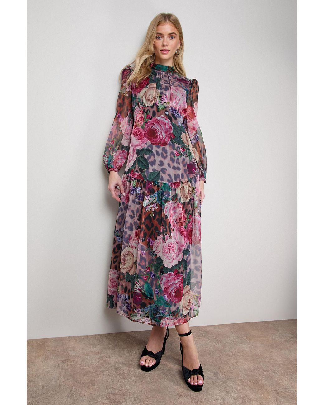 Oasis Pink Printed Dropped Curved Waist Long Sleeve Maxi Dress