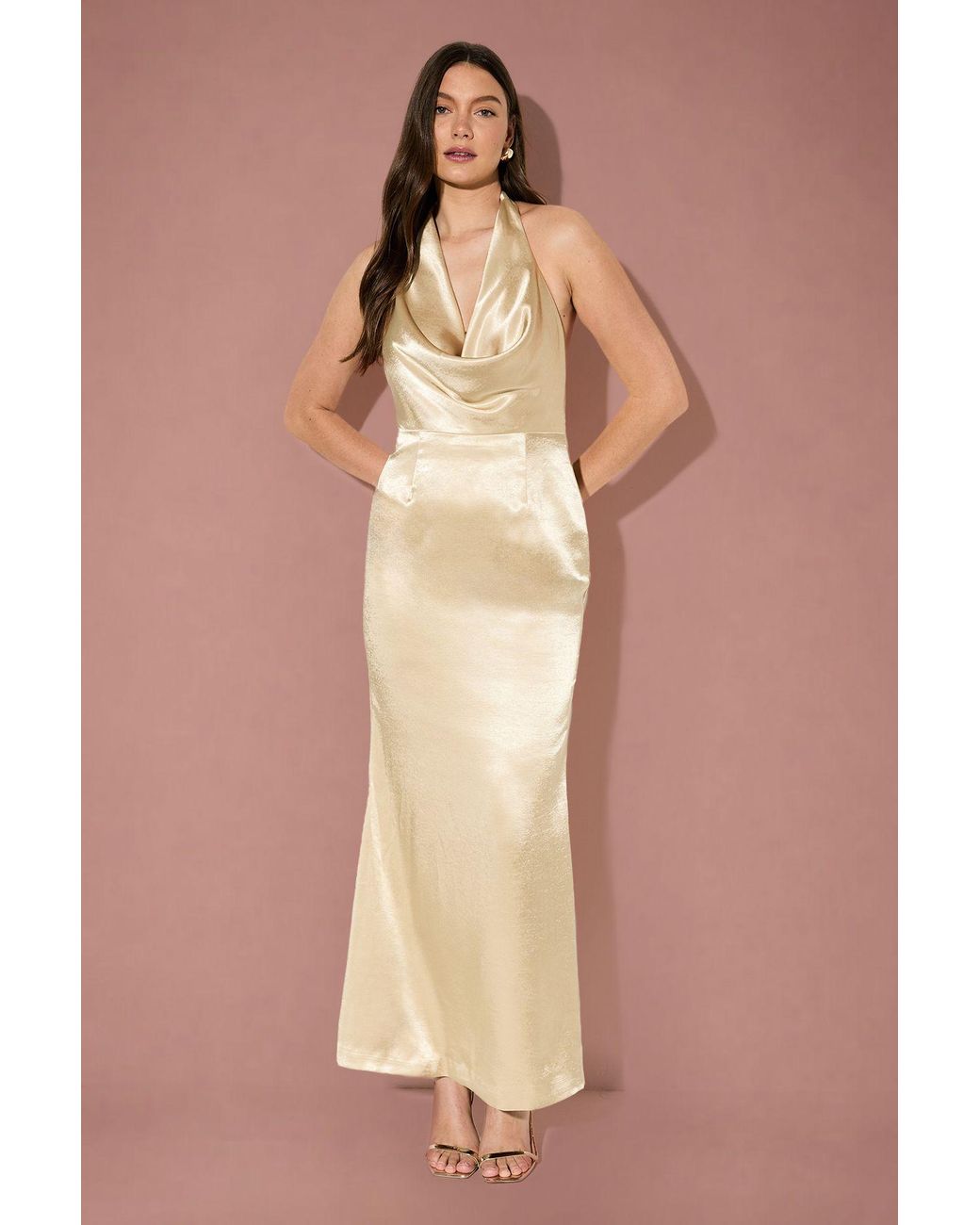 MissPap Natural Premium Plunge Cowl Open Back Satin Maxi Bridesmaid Dress