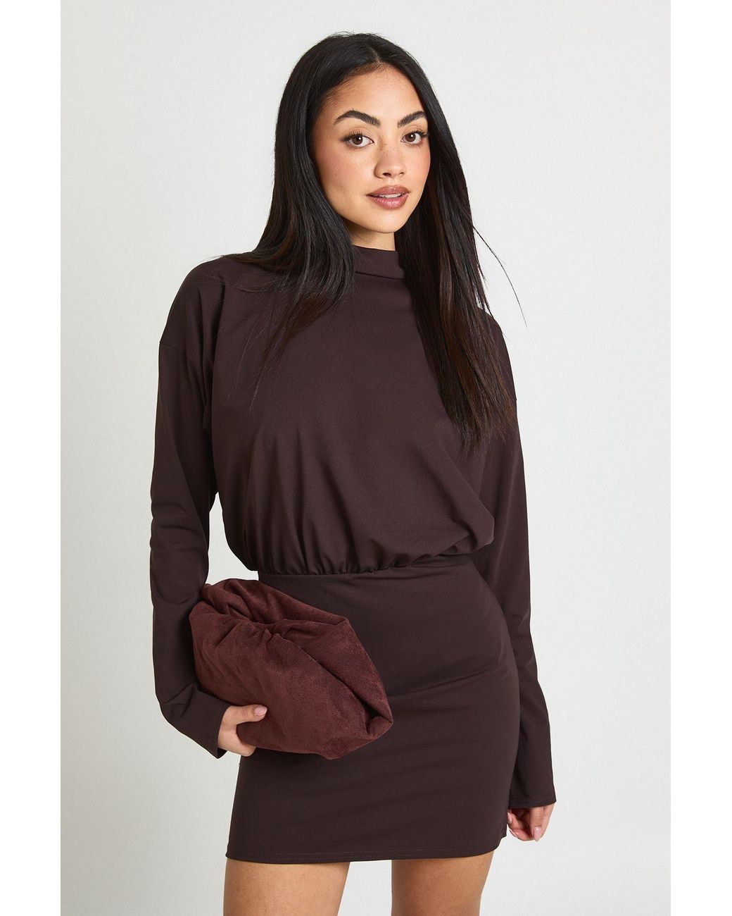 Boohoo Brown Long Sleeve Grown On Neck Blouson Mini Dress
