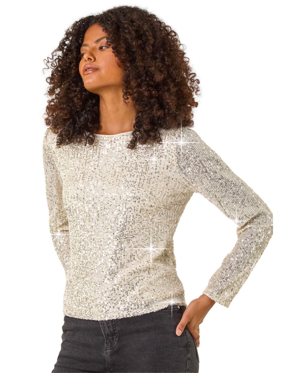 D.u.s.k White Sequin Long Sleeve Stretch Top