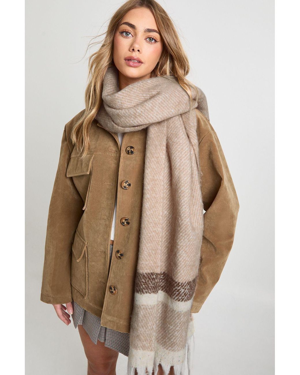 Boohoo Brown Striped Knitted Tassel Scarf