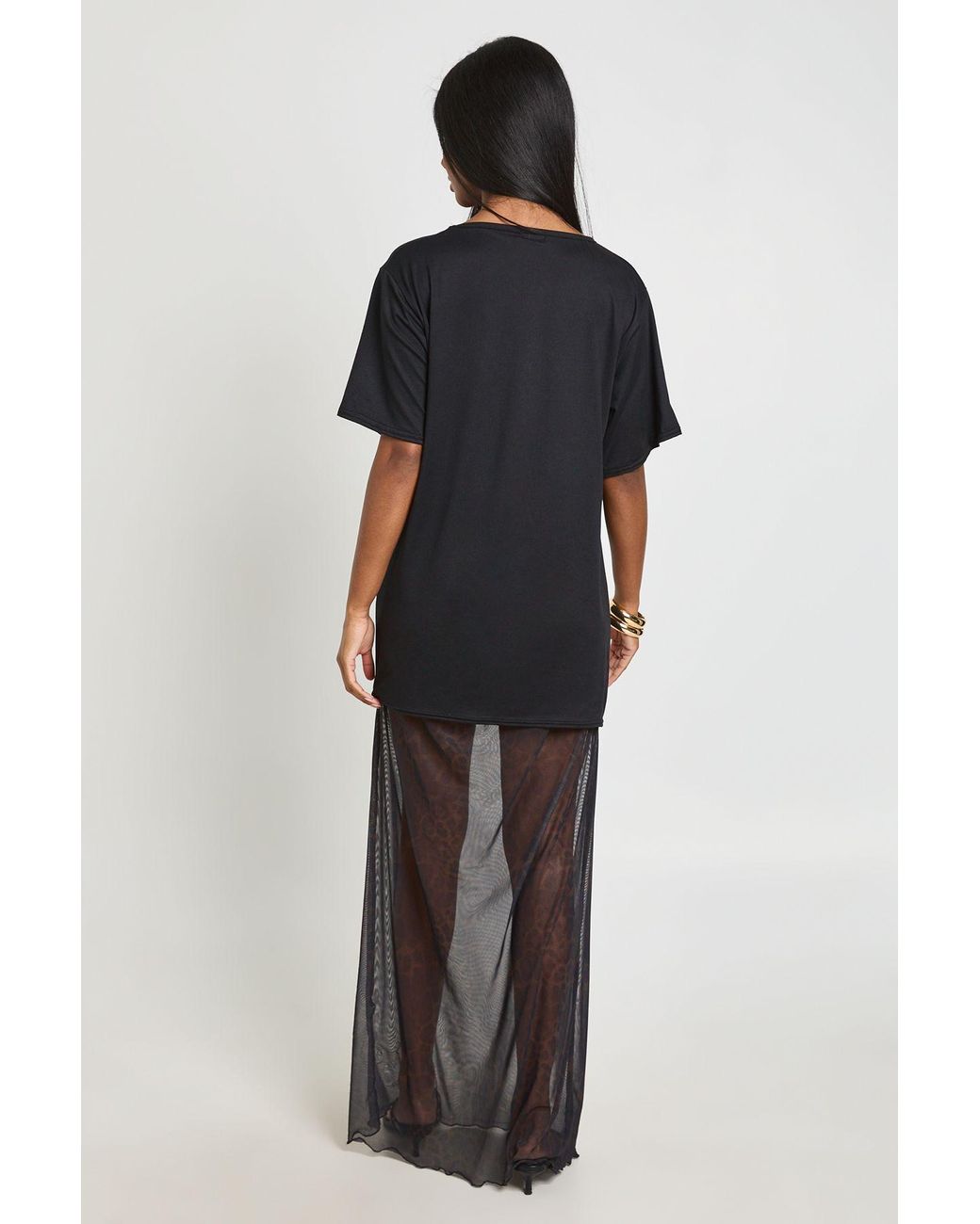 Boohoo Black Leopard Printed Mesh Hem T-Shirt Dress