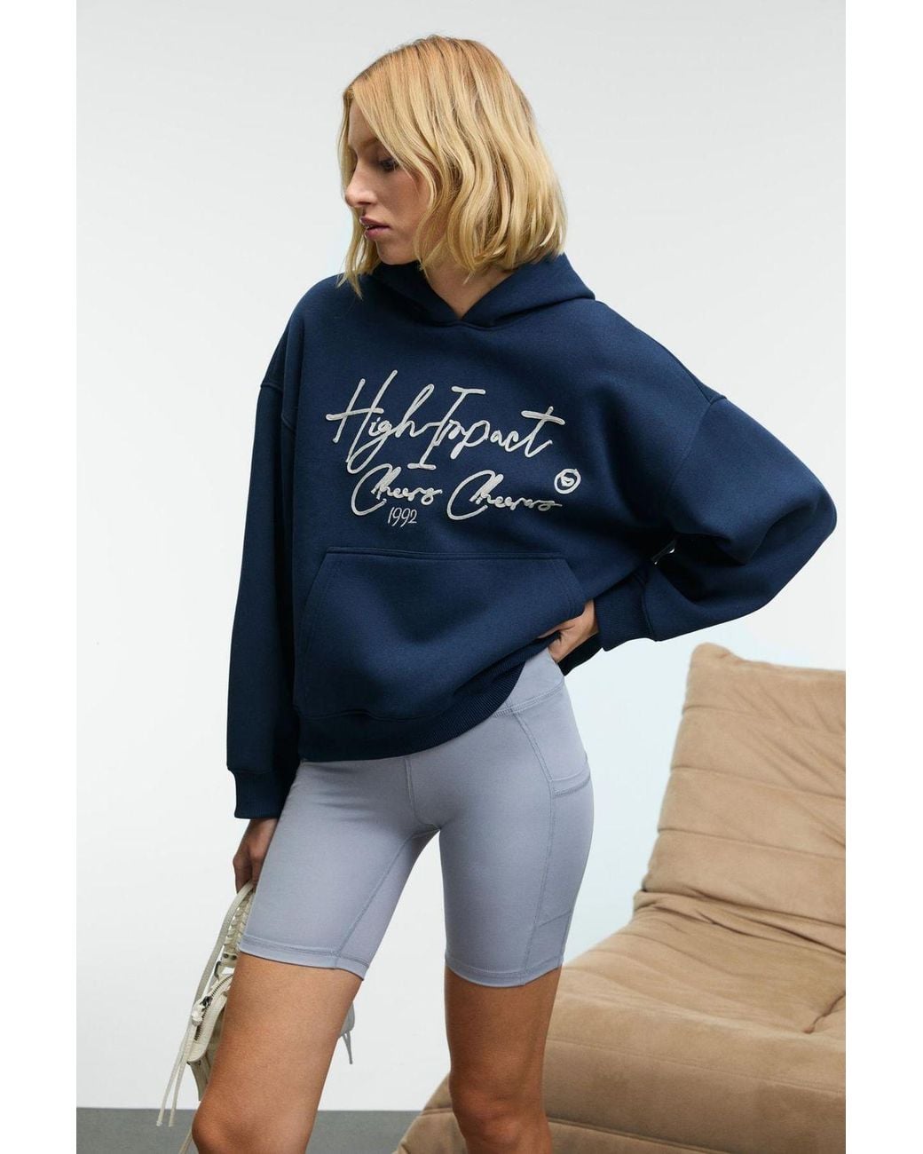 Grimelange Blue Oversized Hooded Printed Sweatshirt