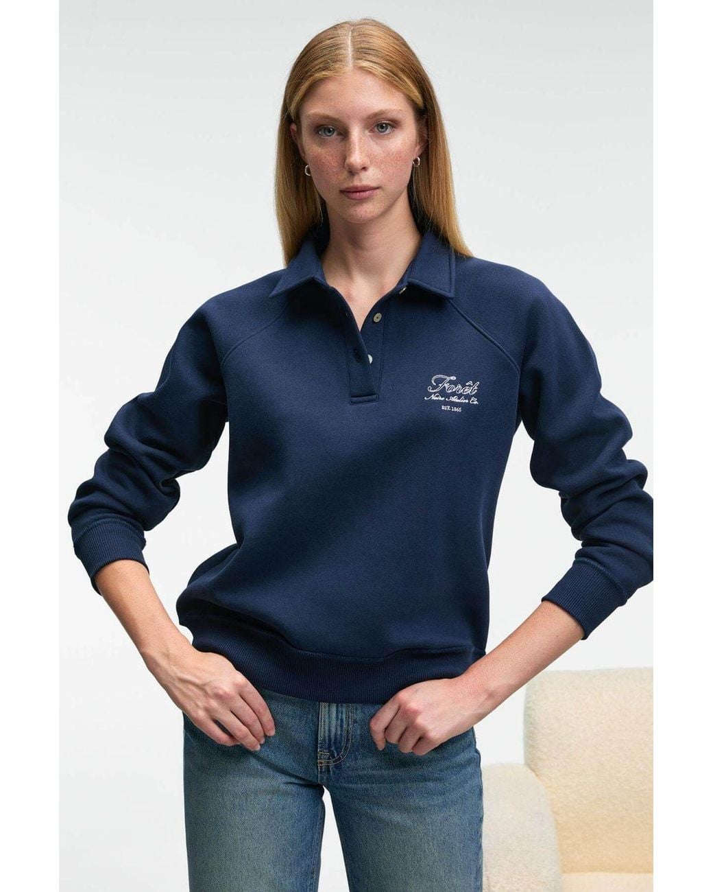Grimelange Blue Polo Collar Button Sweatshirt