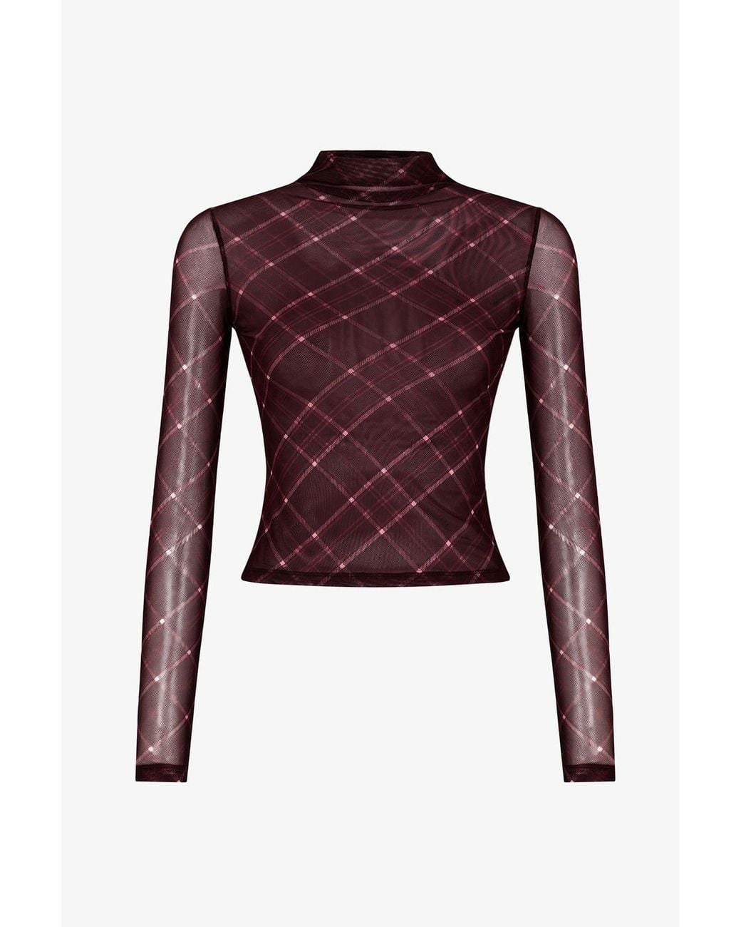 Penti Red Turtleneck Checked Sheer Long Sleeve Top