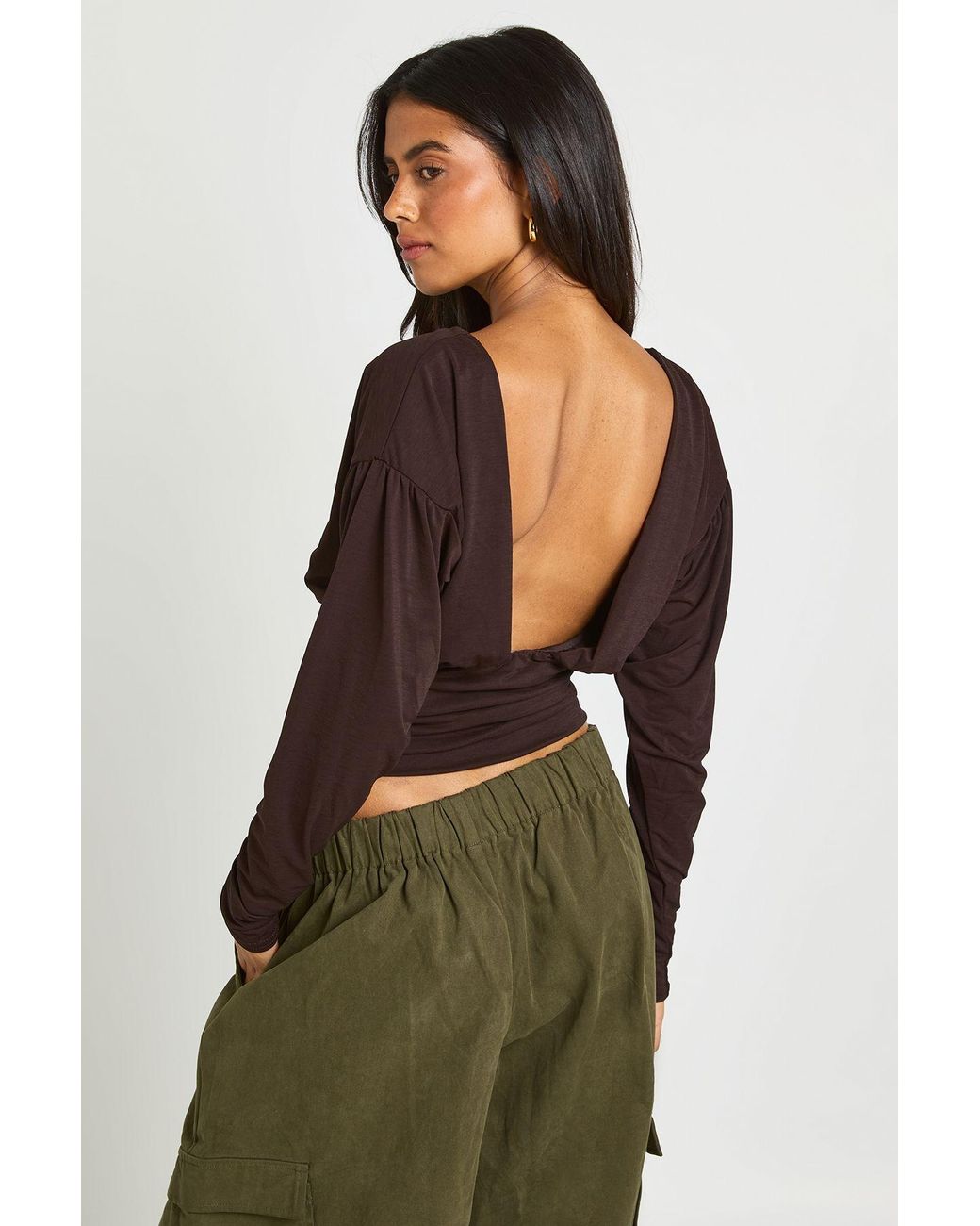 Boohoo Brown Textured Ruched Low Back Long Sleeve Top