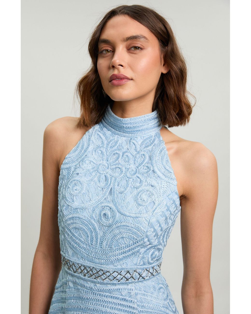 Karen Millen Blue Fringed Beaded Halter Neck Woven Maxi Dress