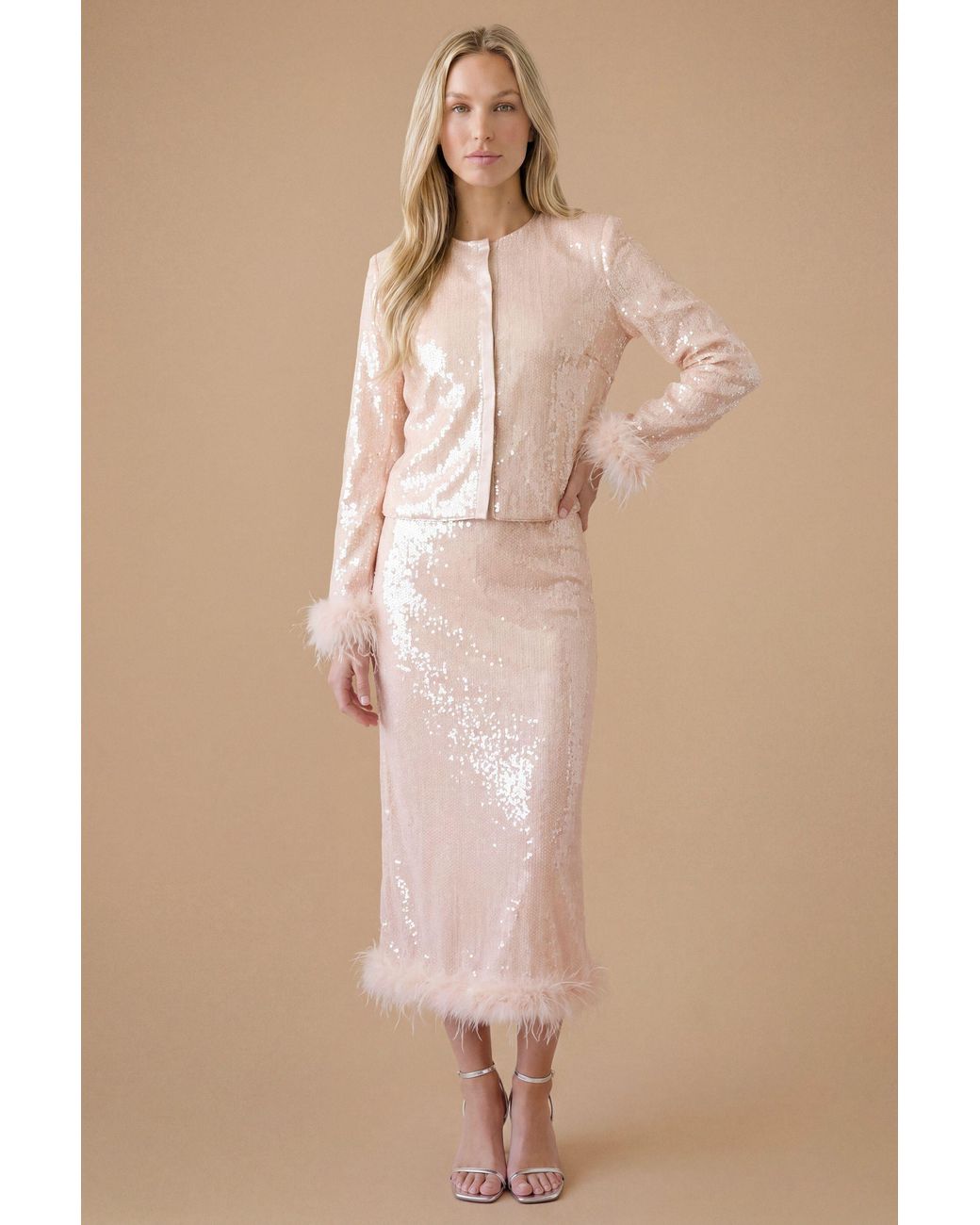 Oasis Natural Hen Sequin Feather Trim Midi Skirt
