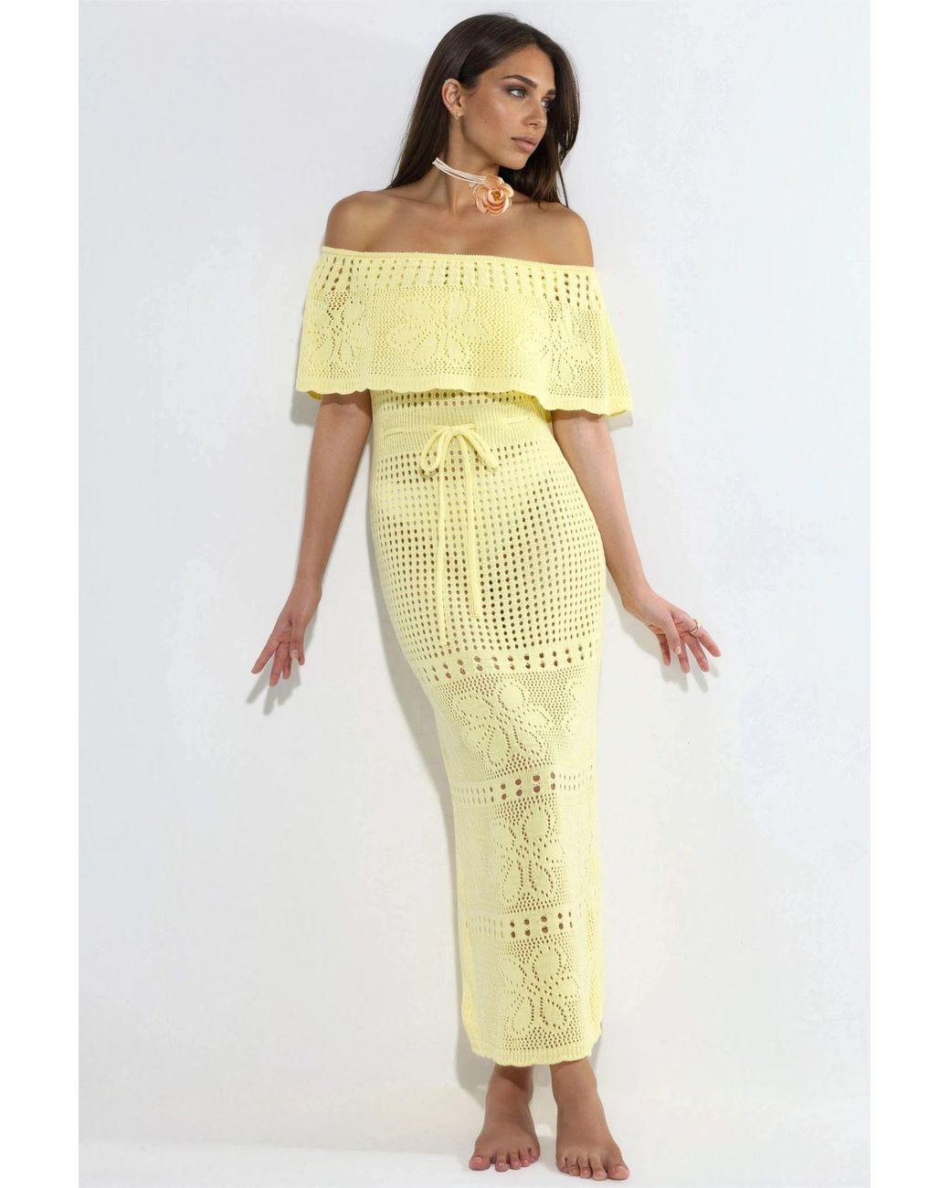 Hiccup Yellow Knit Maxi Bardot Neck Beach Dress