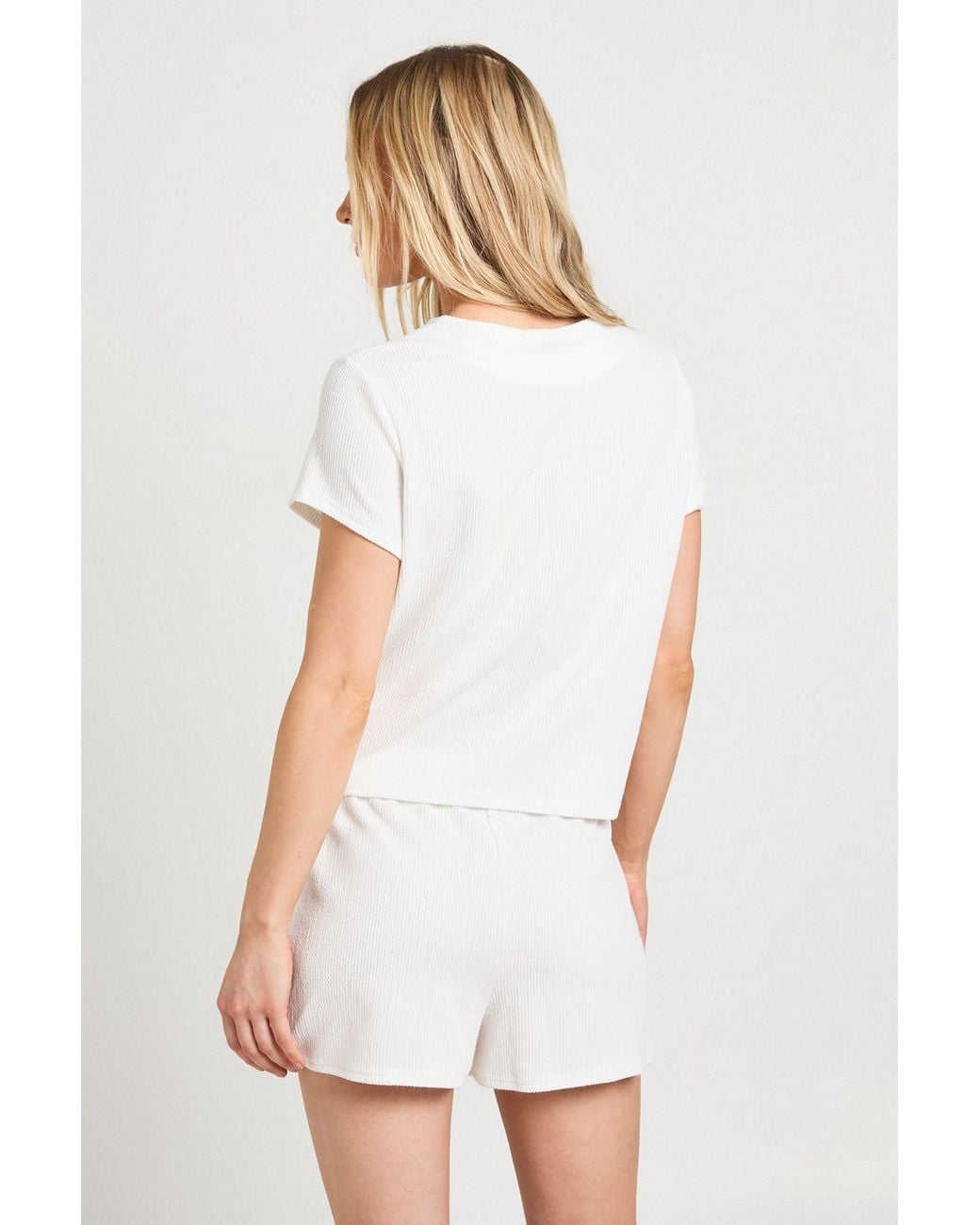 Boohoo White Petite Rib Short Sleeve Button Through Top And Set
