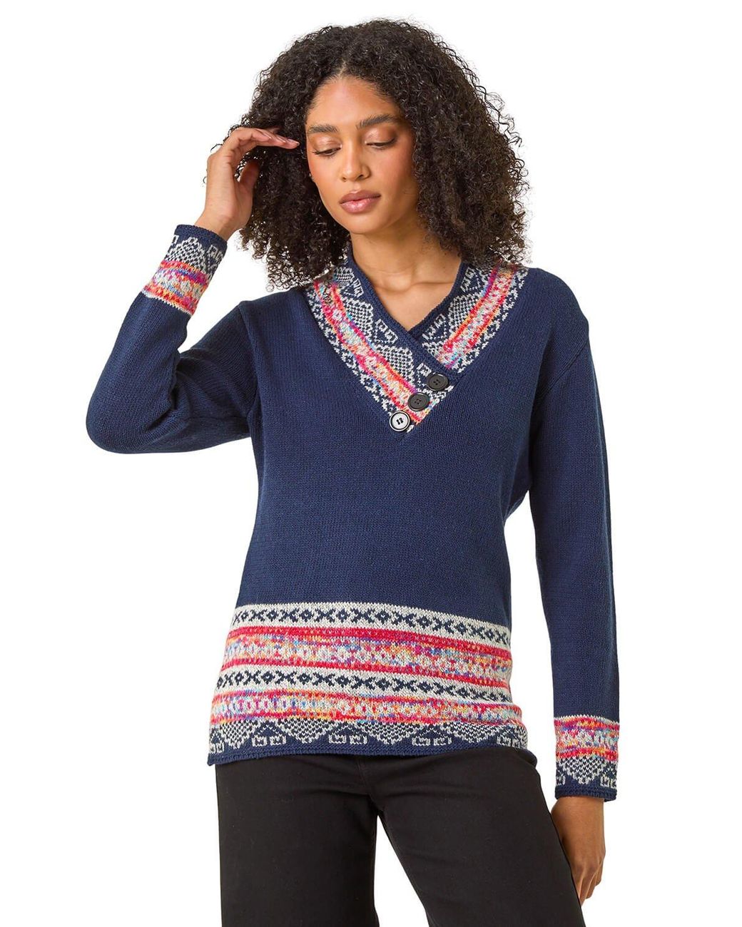 Roman Blue Nordic Print Button Detail Jumper