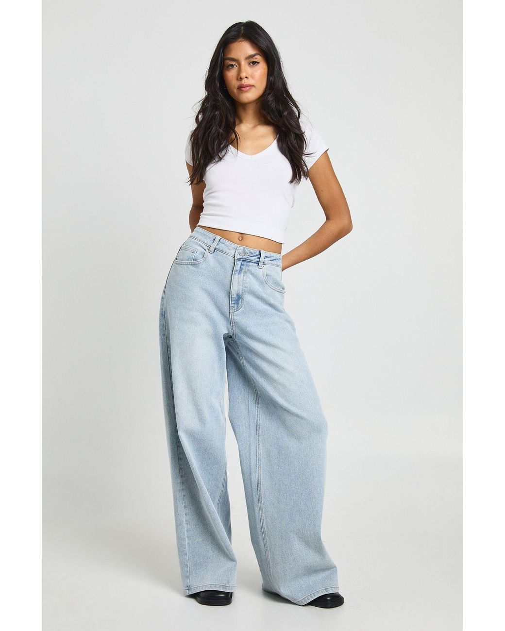 Boohoo Blue The Mid Waist Wide Leg Jean