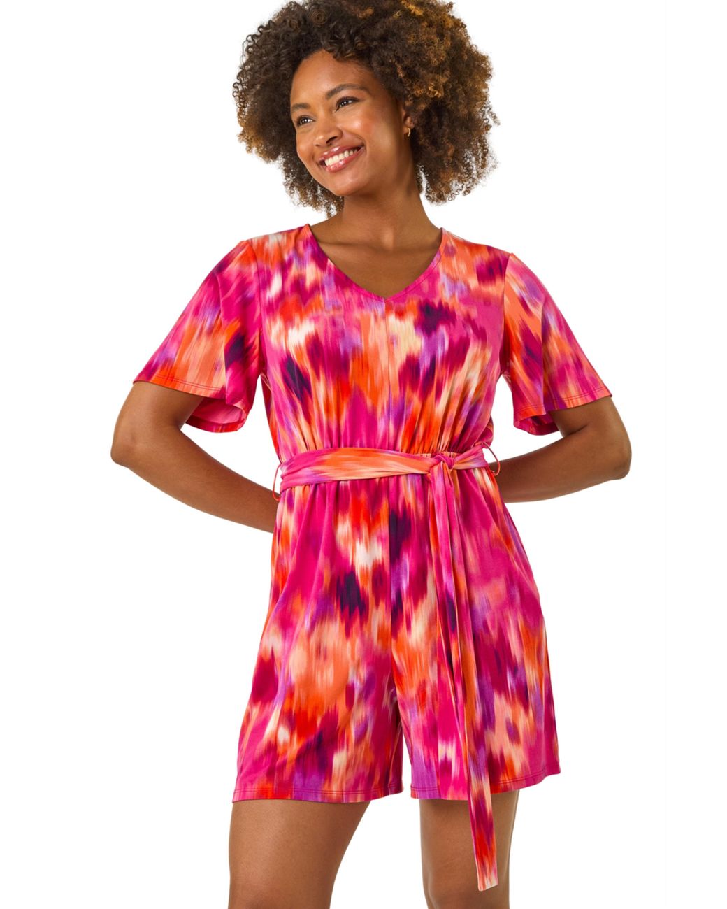Roman Red Abstract Print Belted Playsuit