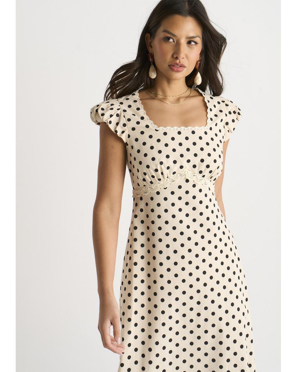 Gini London Natural Cotton Spot Print Lace Trim Midi Dress