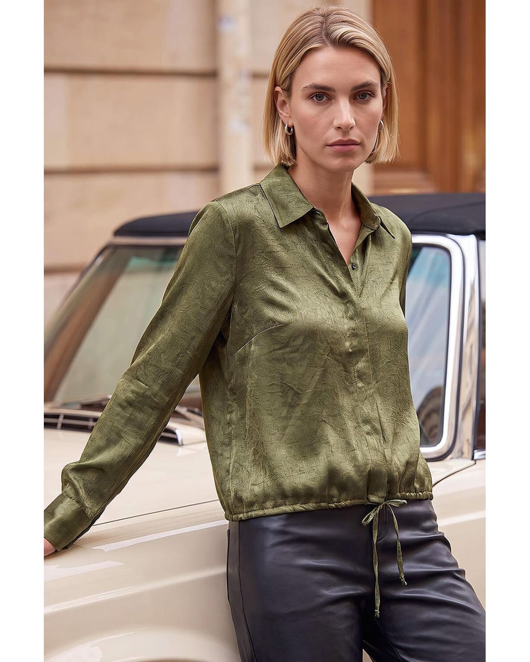 Roman Green Crinkle Satin Tie Hem Shirt