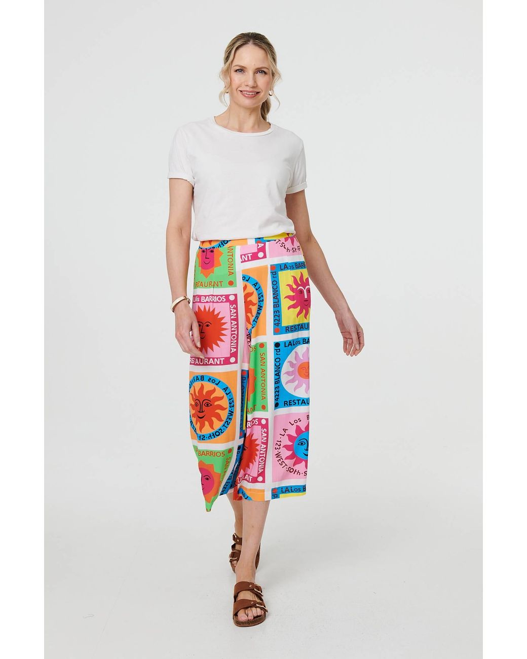 Izabel London Red Patchwork Print Wide Leg Crop Trousers