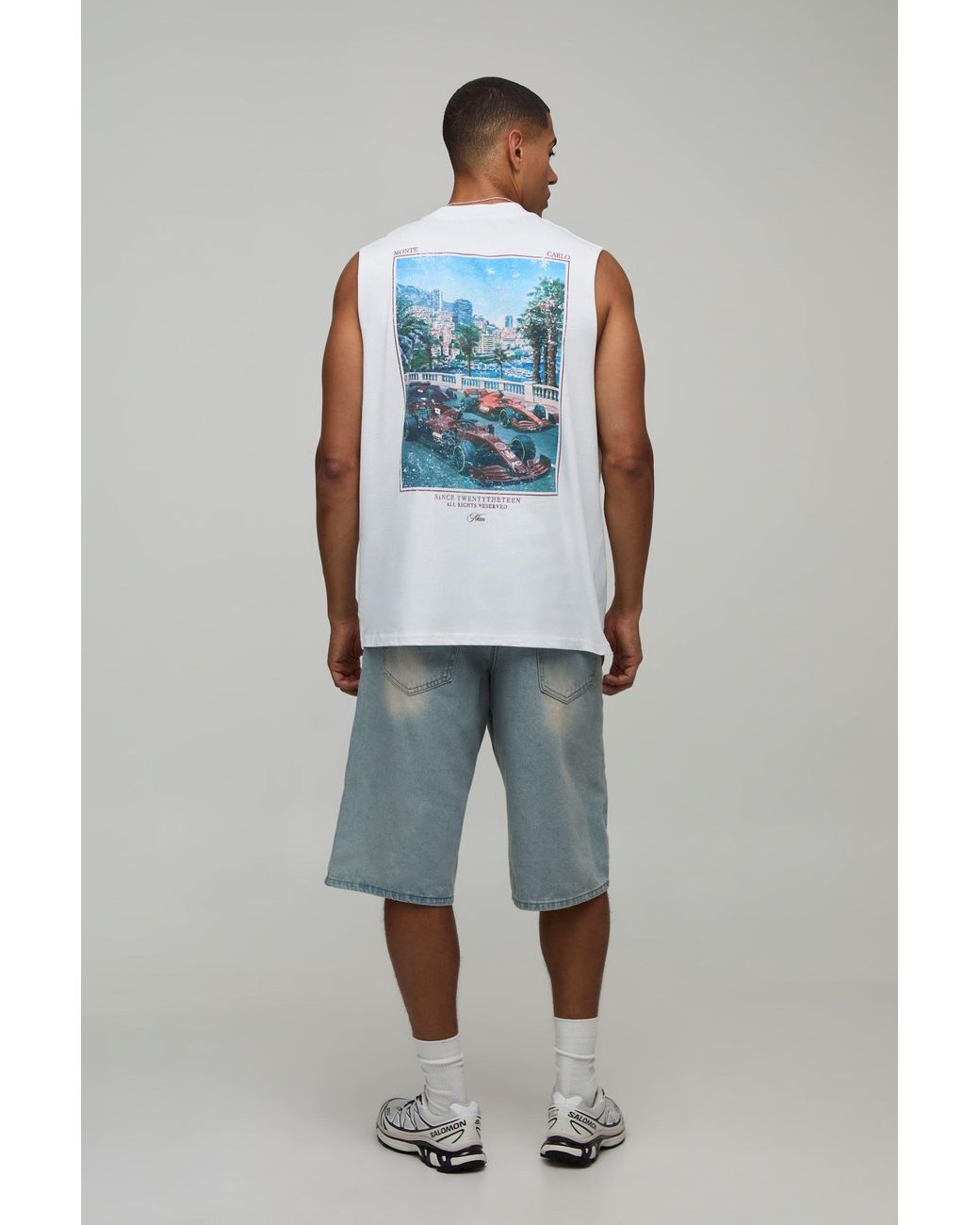 BoohooMAN Blue Oversized Monte Carlo Photographic Print Tank Cotton for men