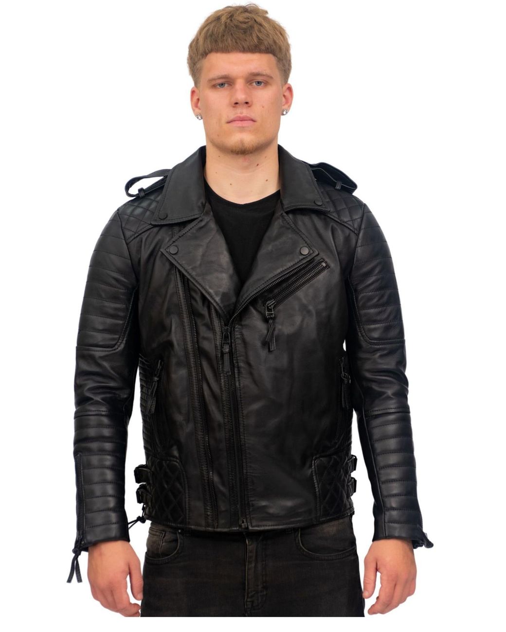 Infinity Leather Black Slim-Fit Double Zip Brando Biker Jacket-Cairo for men