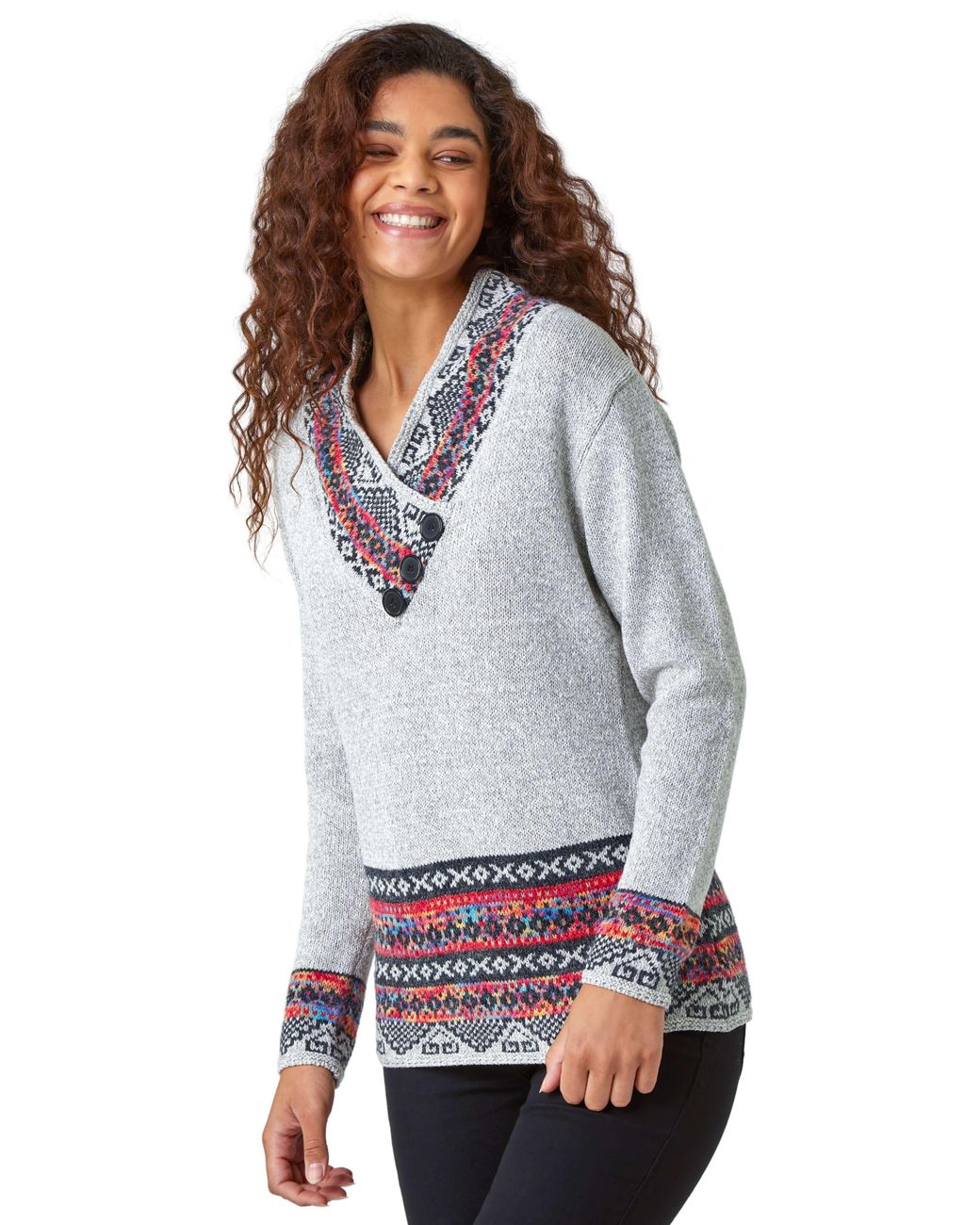 Roman Gray Nordic Print Button Detail Jumper