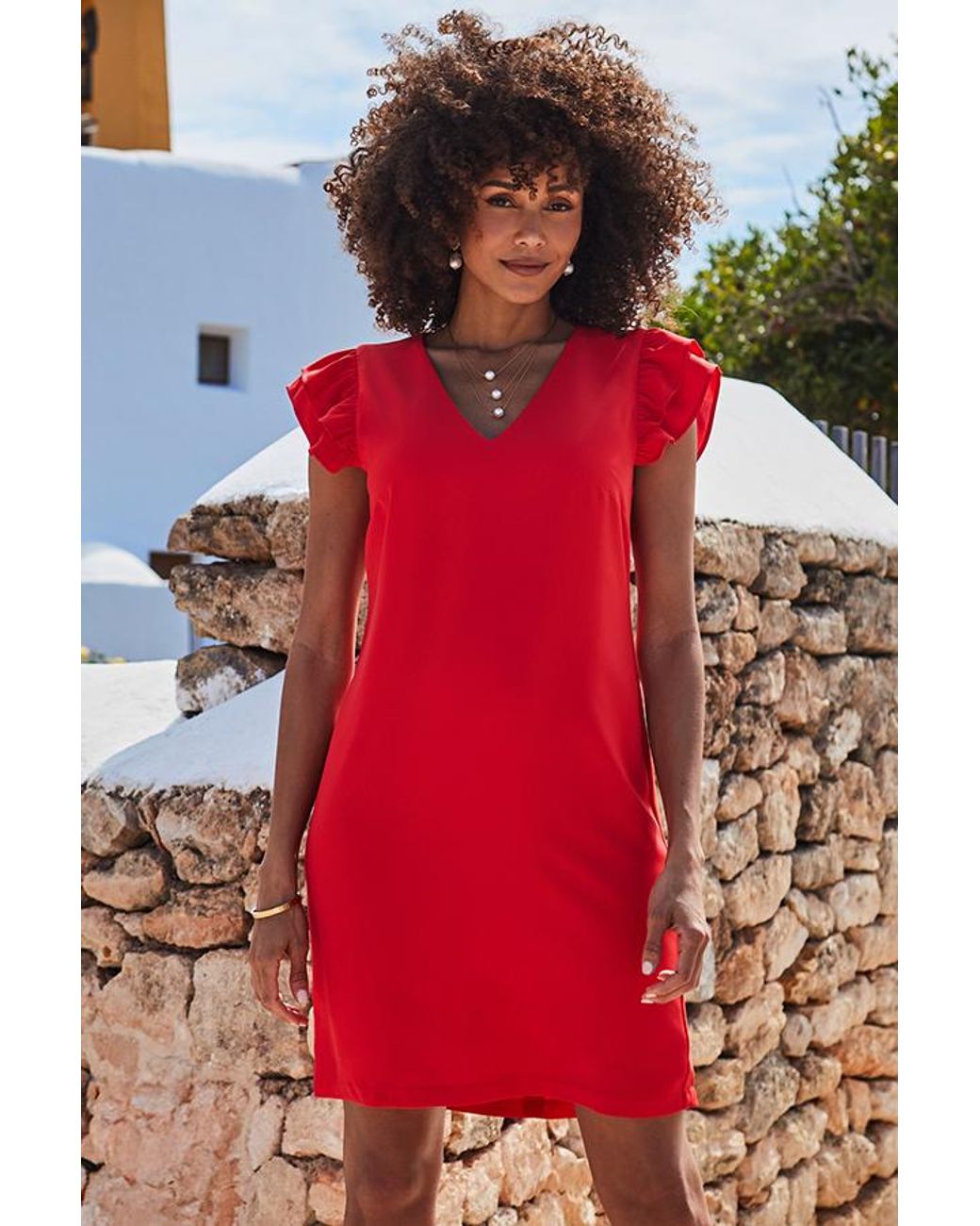 Sosandar Red Sunset Ruffle Sleeve Shift Dress