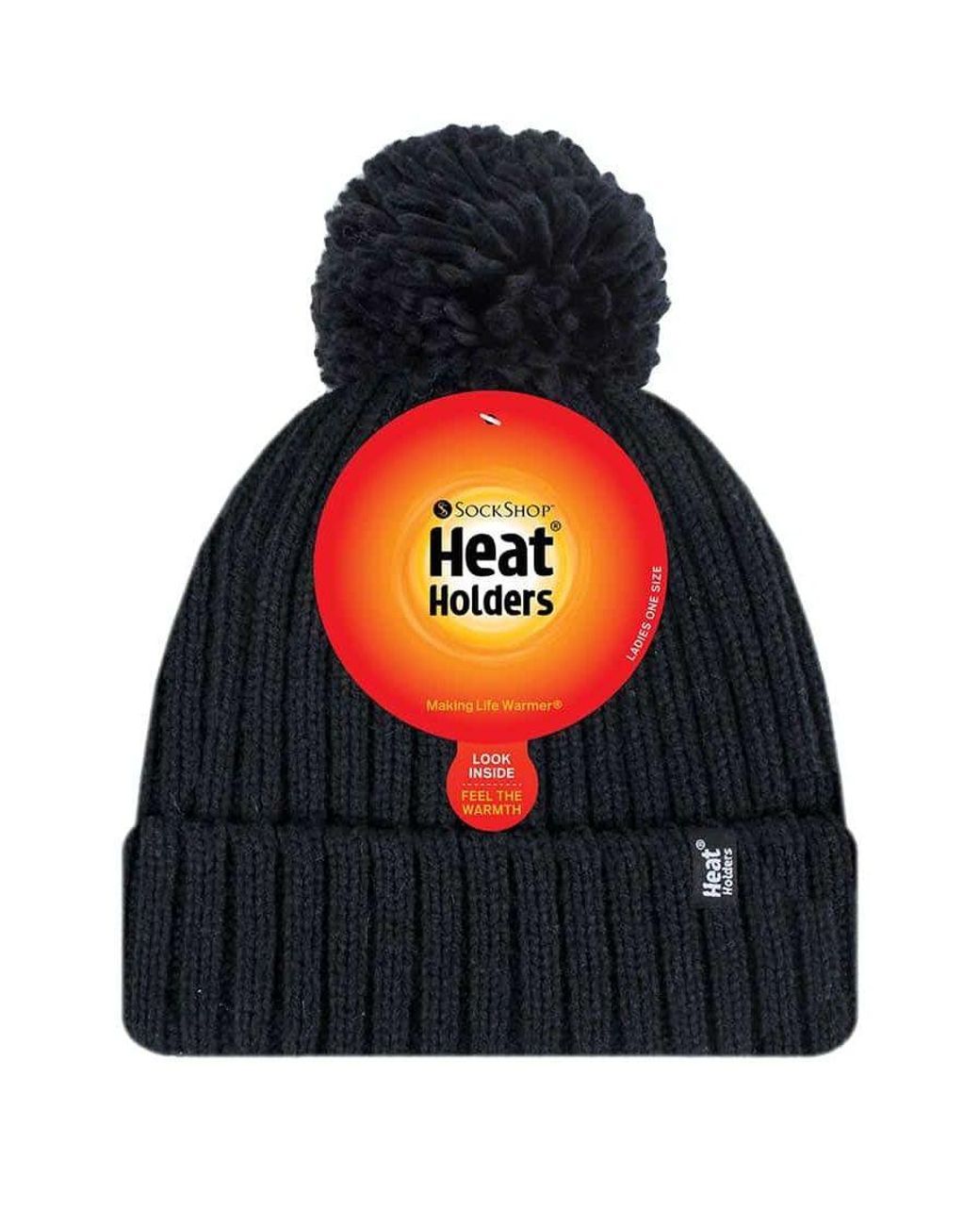 Heat Holders Black Ladies Ribbed Cuffed Thermal Insulated Winter Pom Pom Bobble Hat