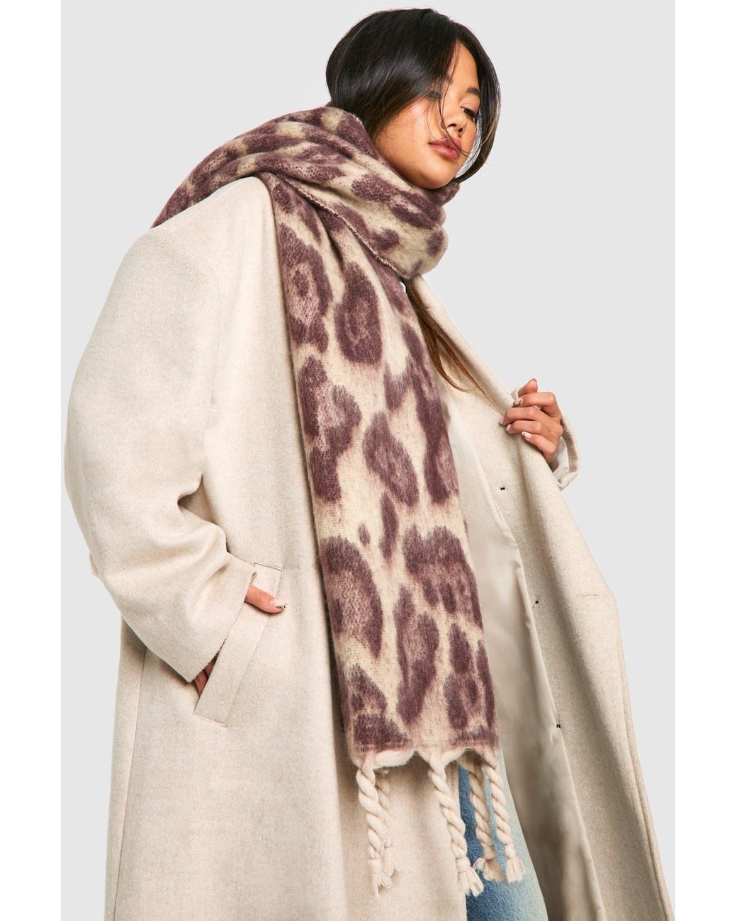 Boohoo Natural Leopard Chunky Oversized Fringe Scarf