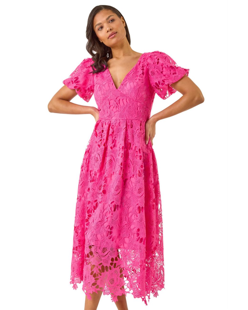 Roman Pink Crochet Lace V-Neck Midi Dress