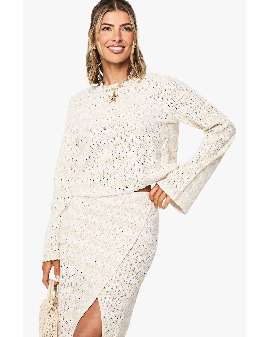 Boohoo White Zig Zag Knitted Tie Front Beach Top