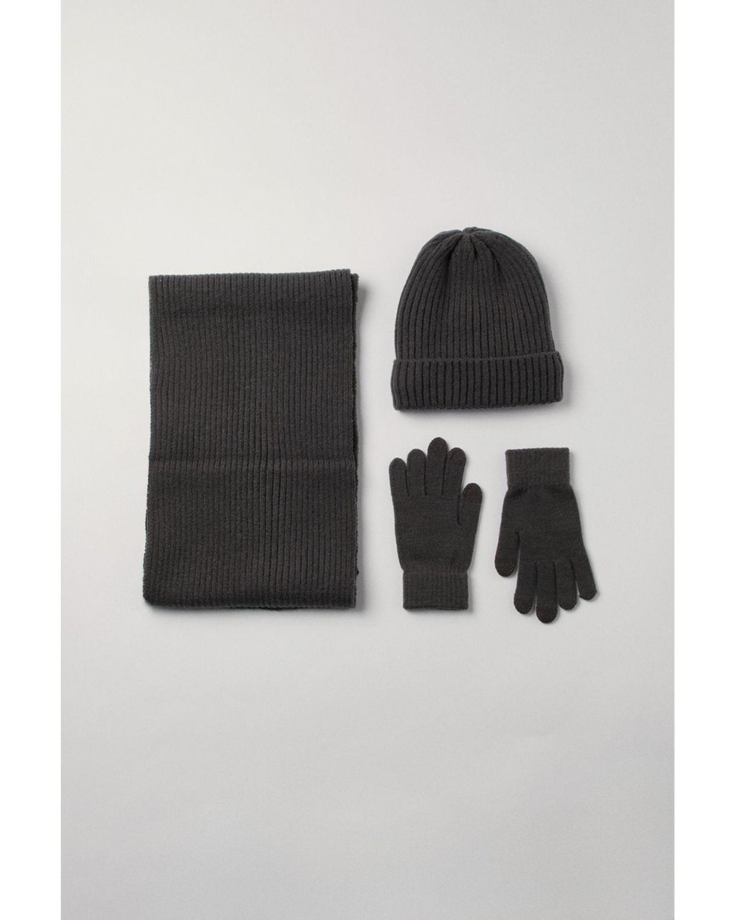 MAINE Black Ribbed Knitted Hat, Scarf And Gloves Set for men