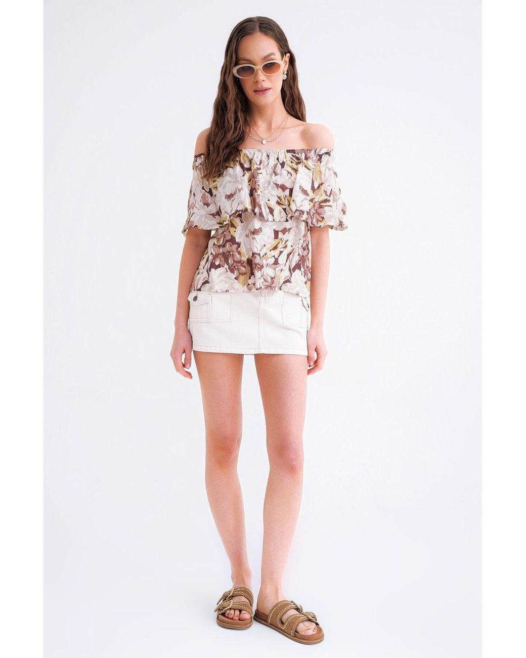 MixRay White Floral Print Off Shoulder Blouse