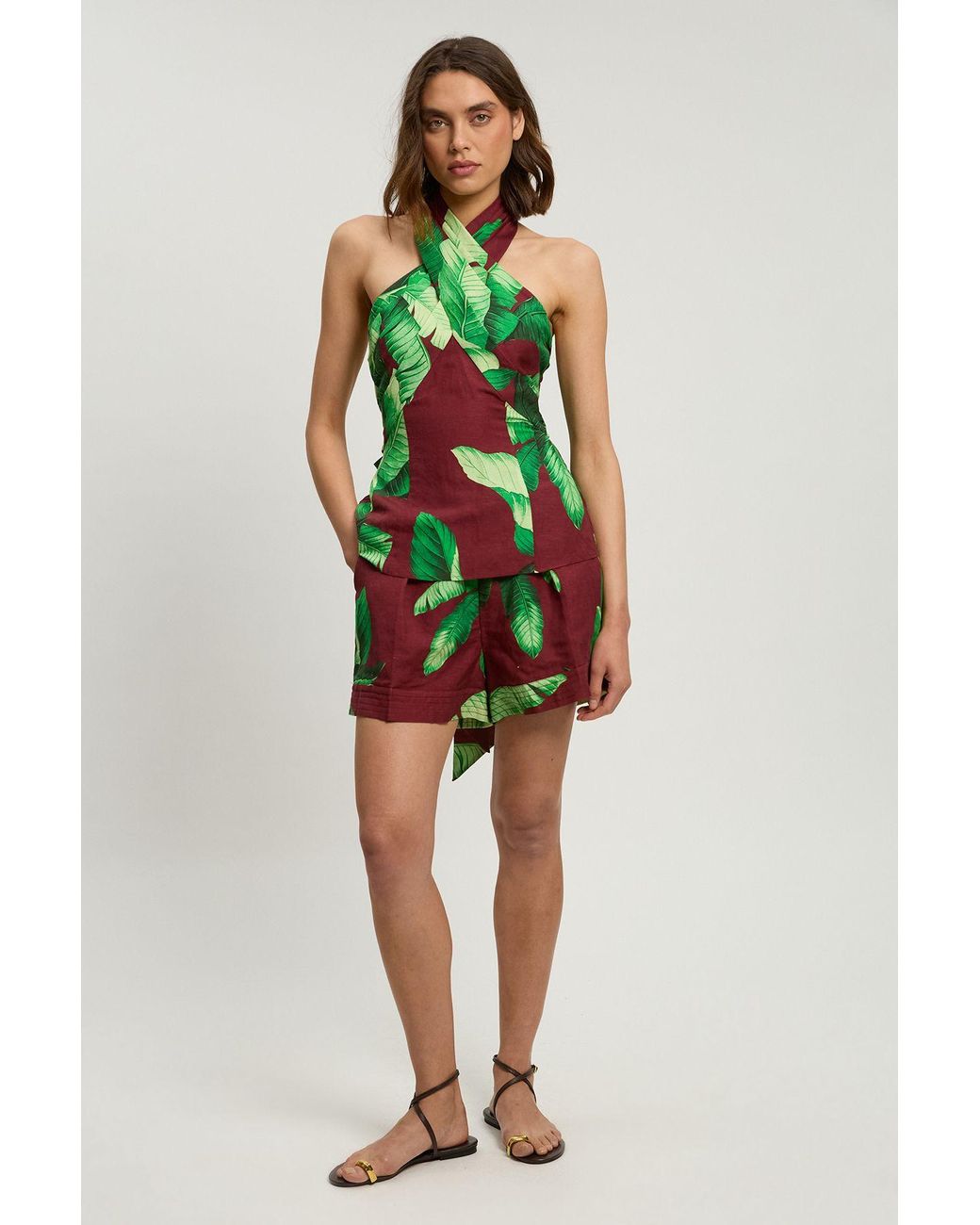 Karen Millen Green Viscose Linen Palm Tree Halterneck Woven Top