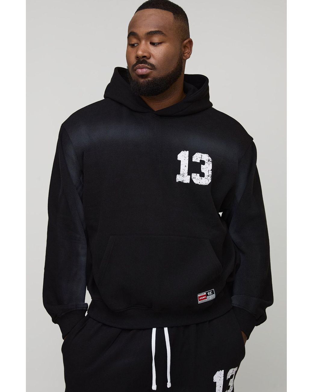 BoohooMAN Black Plus Oversized Boxy Spray Wash 13 Print Hoodie for men
