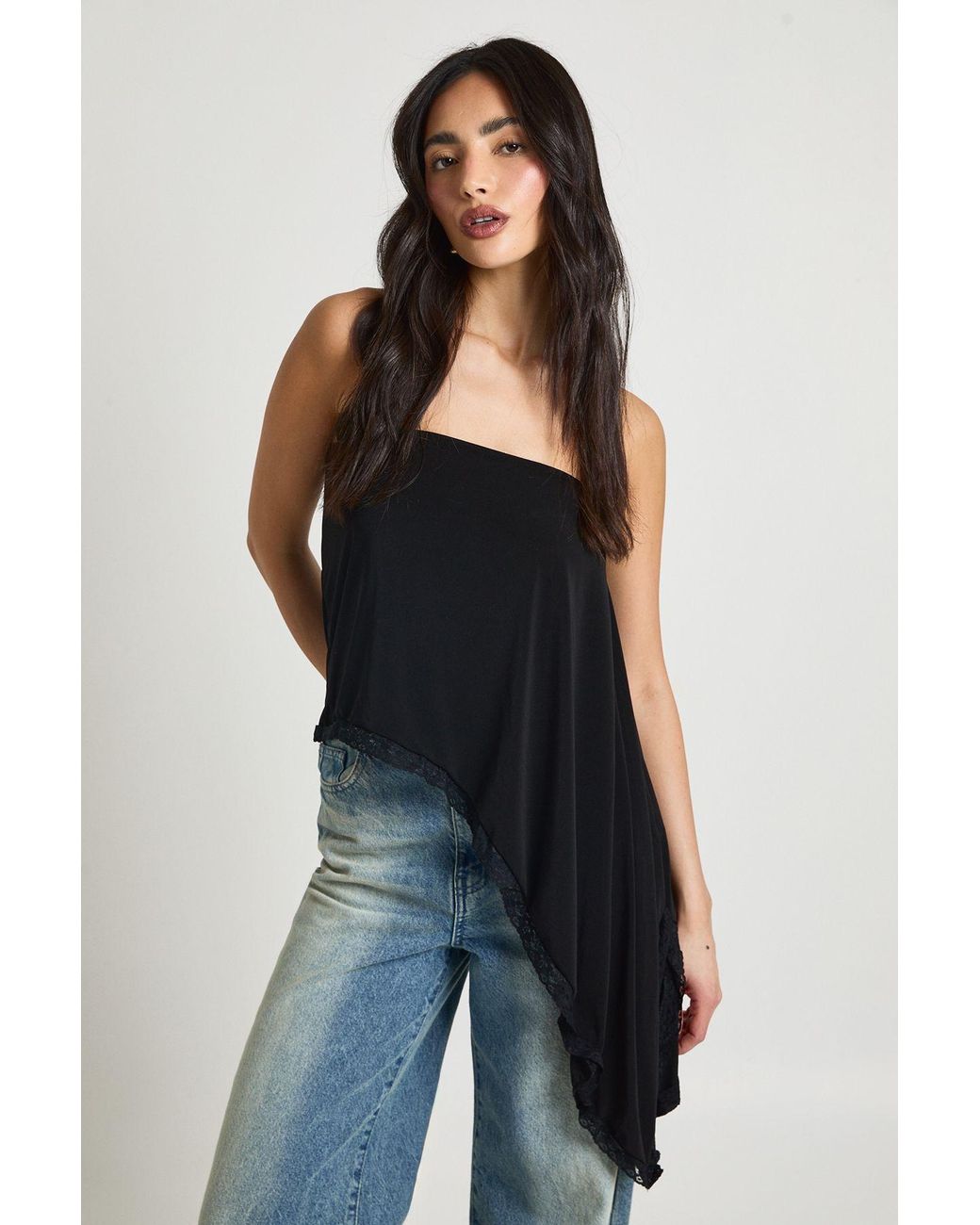 Boohoo Black Double Layer Slinky Bandeau Asymmetric Longline Top