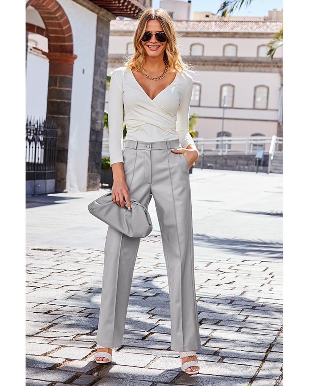 Sosandar White Faux Leather Wide Leg Trousers