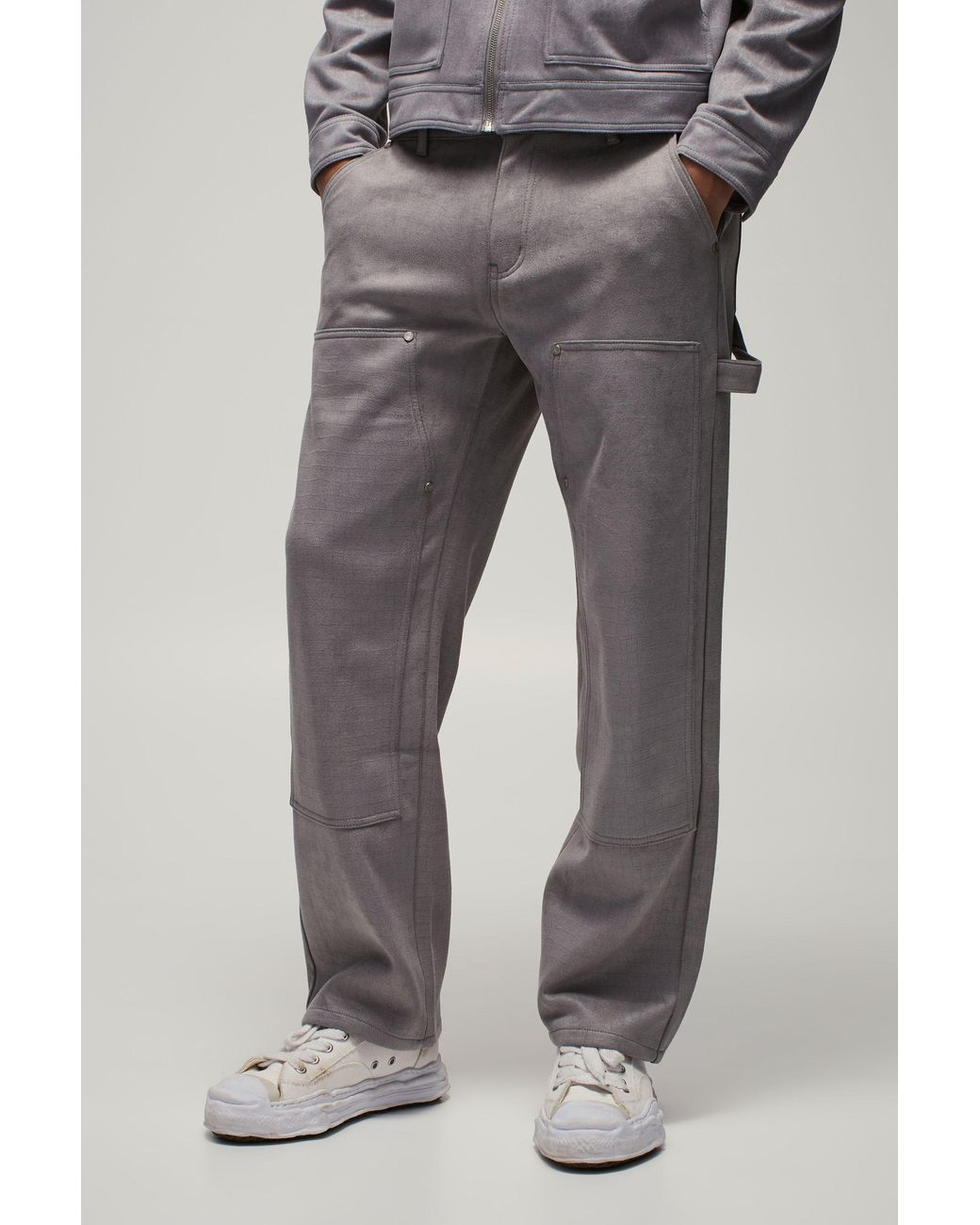 BoohooMAN Gray Relaxed Croc Suede Carpenter Trousers for men