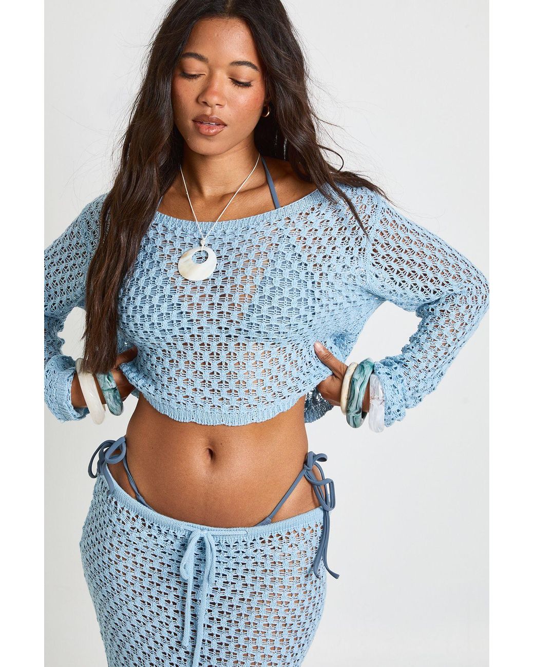 Boohoo Blue Crochet Slouchy Beach Crop Top
