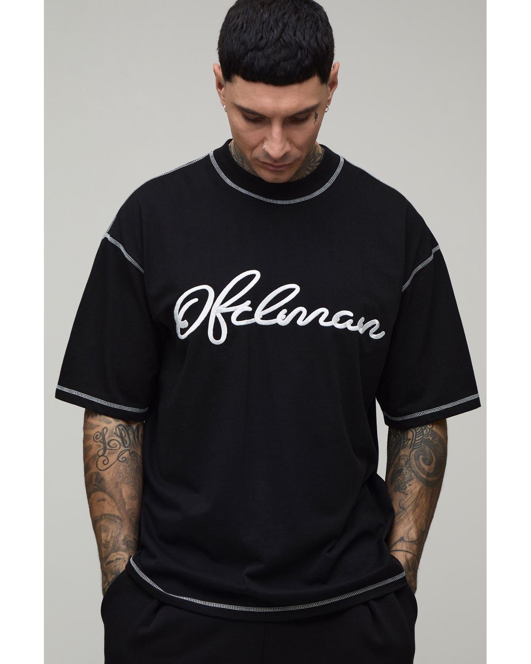 BoohooMAN Black Tall Oversized Exposed Seam Contrast Stitch Embroidered T-Shirt for men