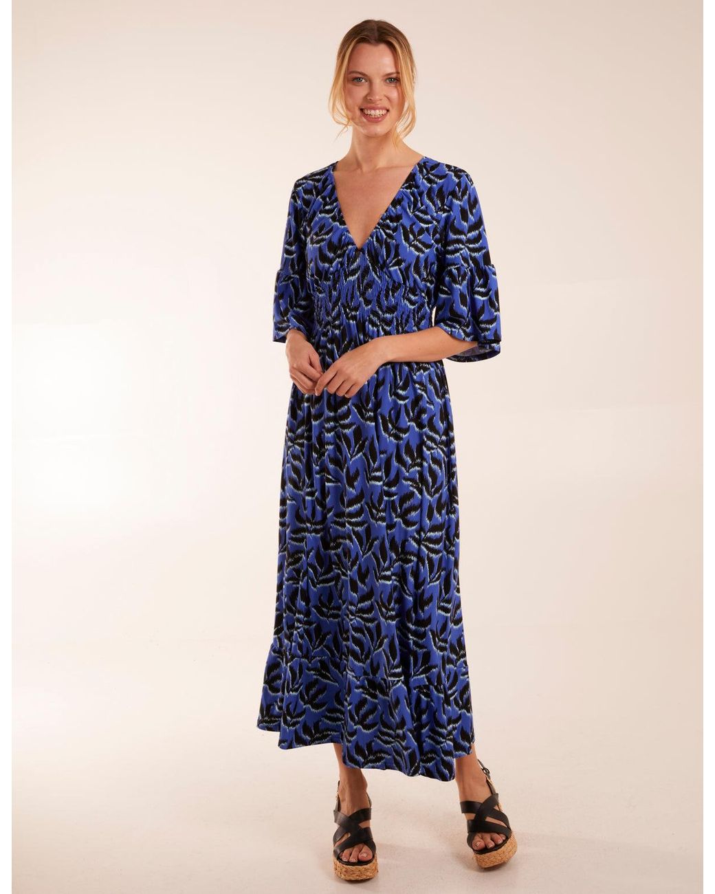 Blue Vanilla Blue Elasticated Neck Shirred Waist Midi Dress