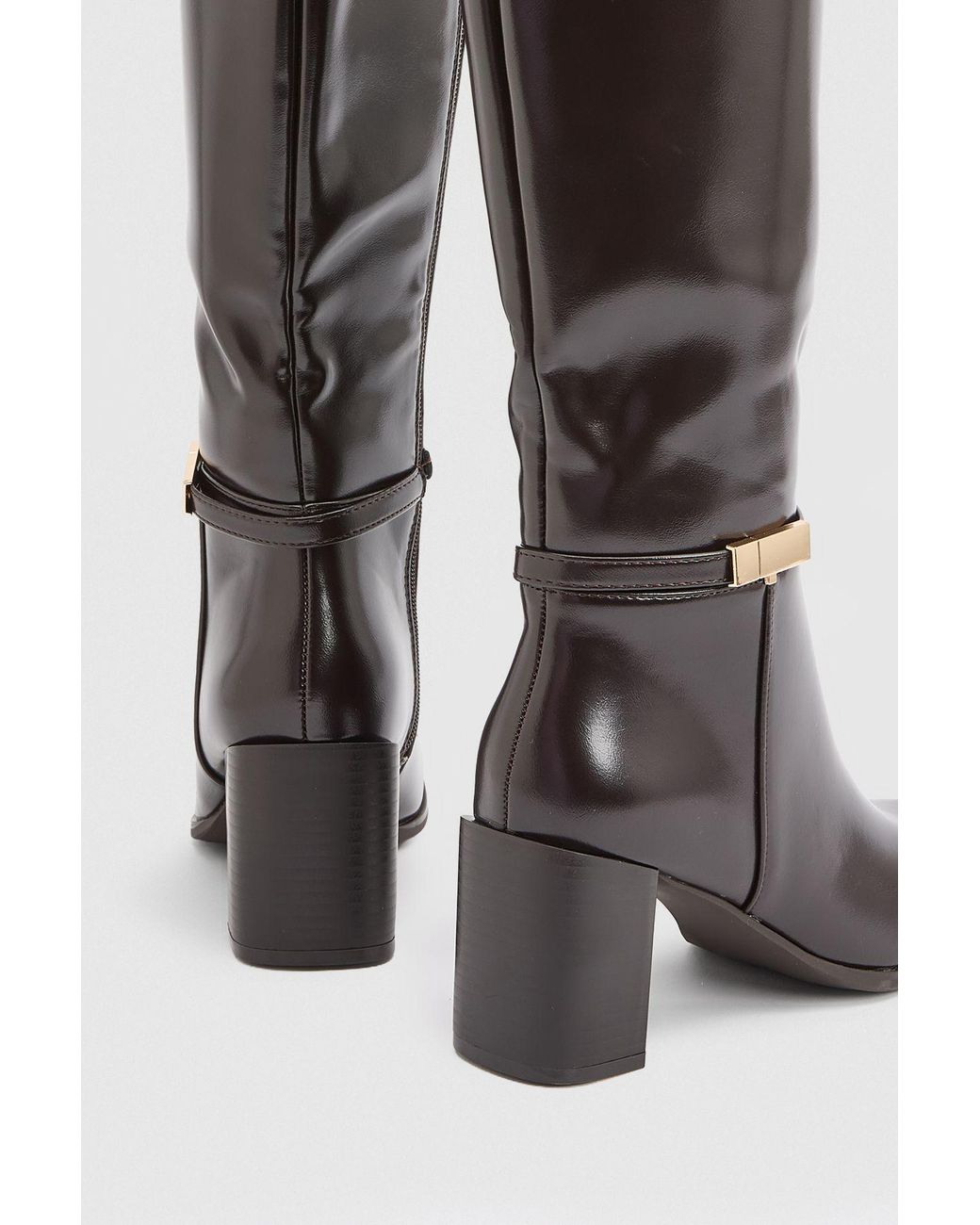 Wallis Black Joy Faux Leather Metal Trim High Block Heel Leg Boots