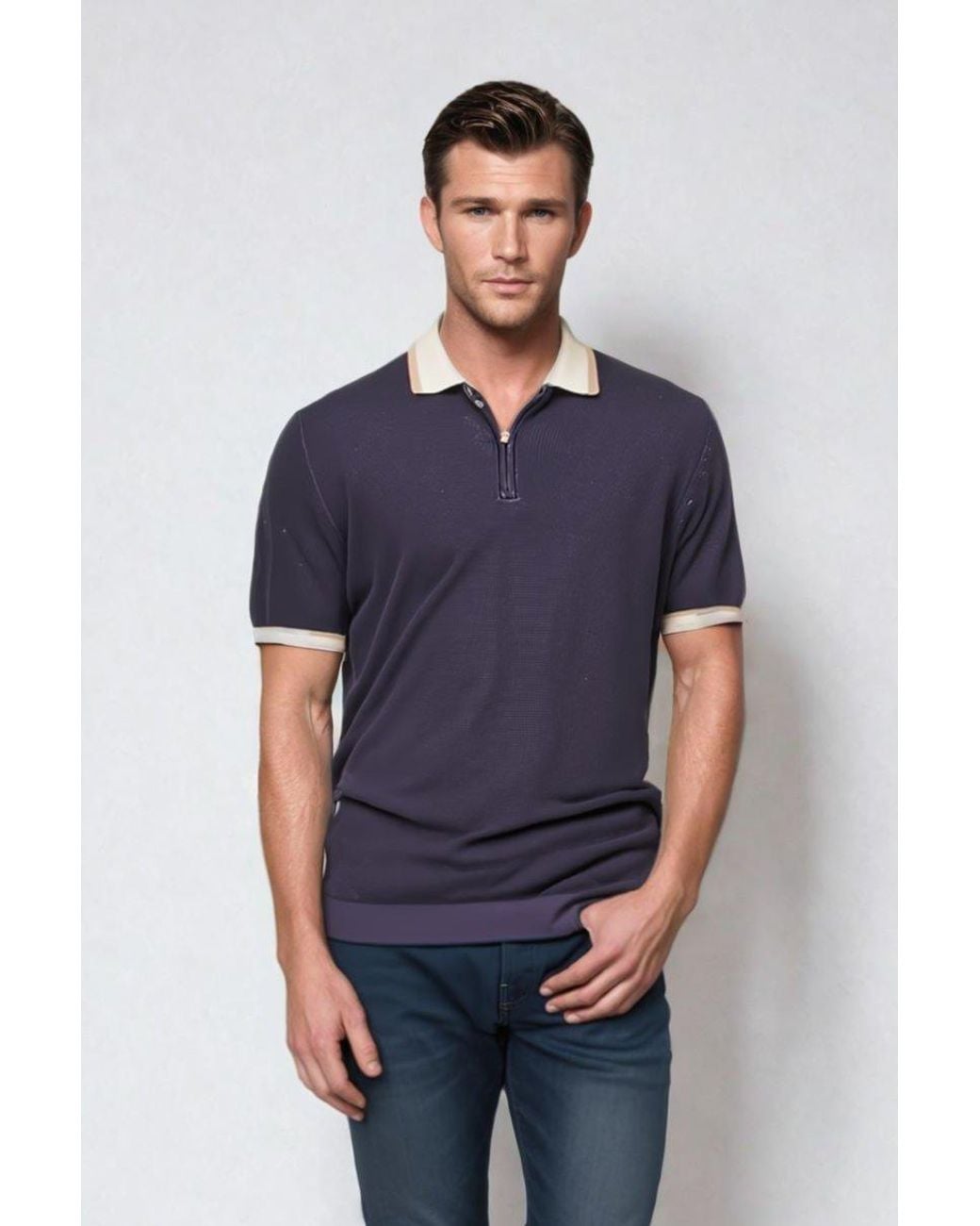 Secret Label Blue Zip Neck Knitted Polo for men