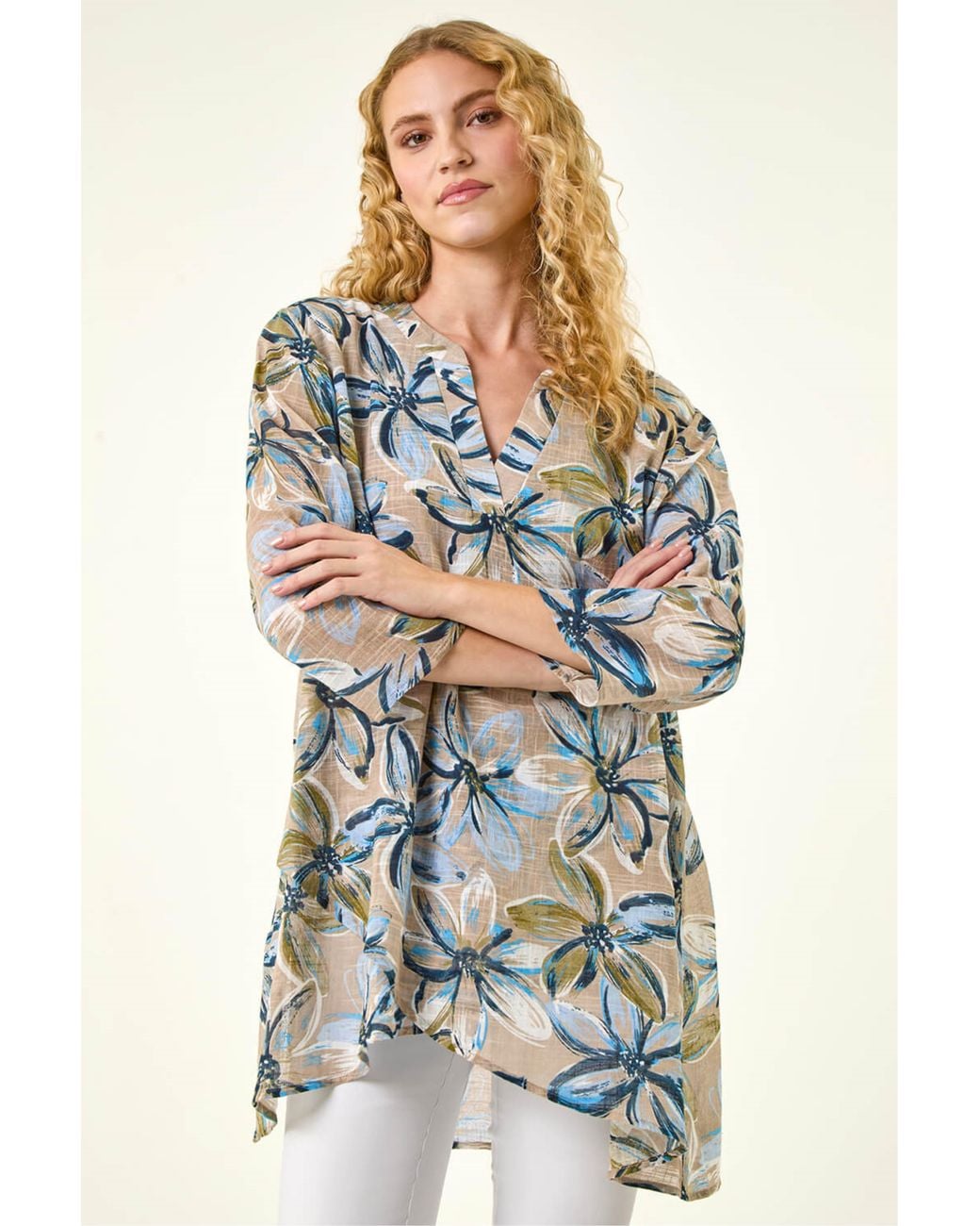 Roman Blue Floral Wrap Hem Tunic Top